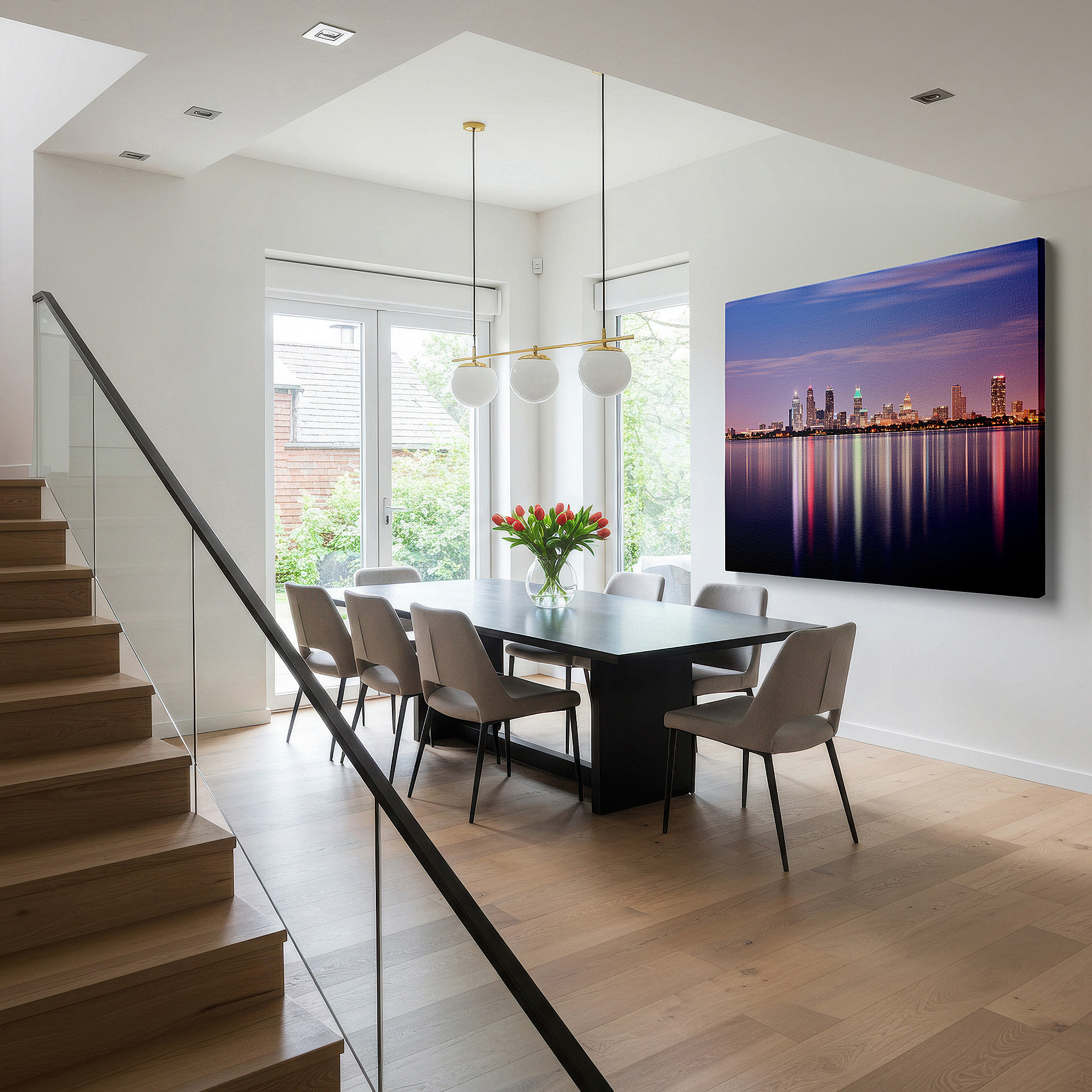 The 75×50 cm version anchors medium rooms without dominating them — cleveland skyline at dawn - serene transition with renewal and optimism hues large wall art, canvas wall art, wall art decor, office wall art