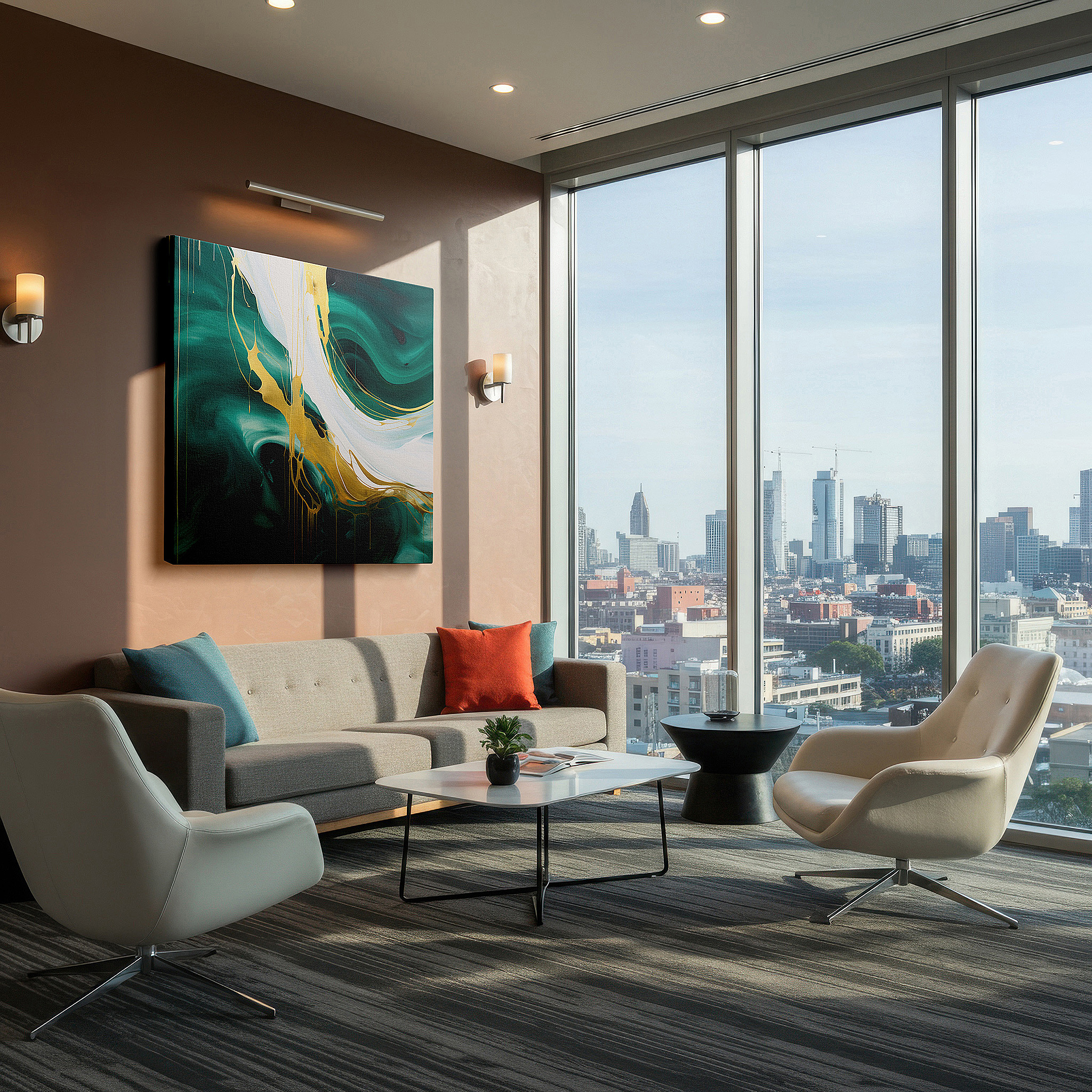 The 75×50 cm version anchors medium rooms without dominating them — contemporary elegance in lush green and luxurious gold: large wall art, canvas wall art, wall decor for offices