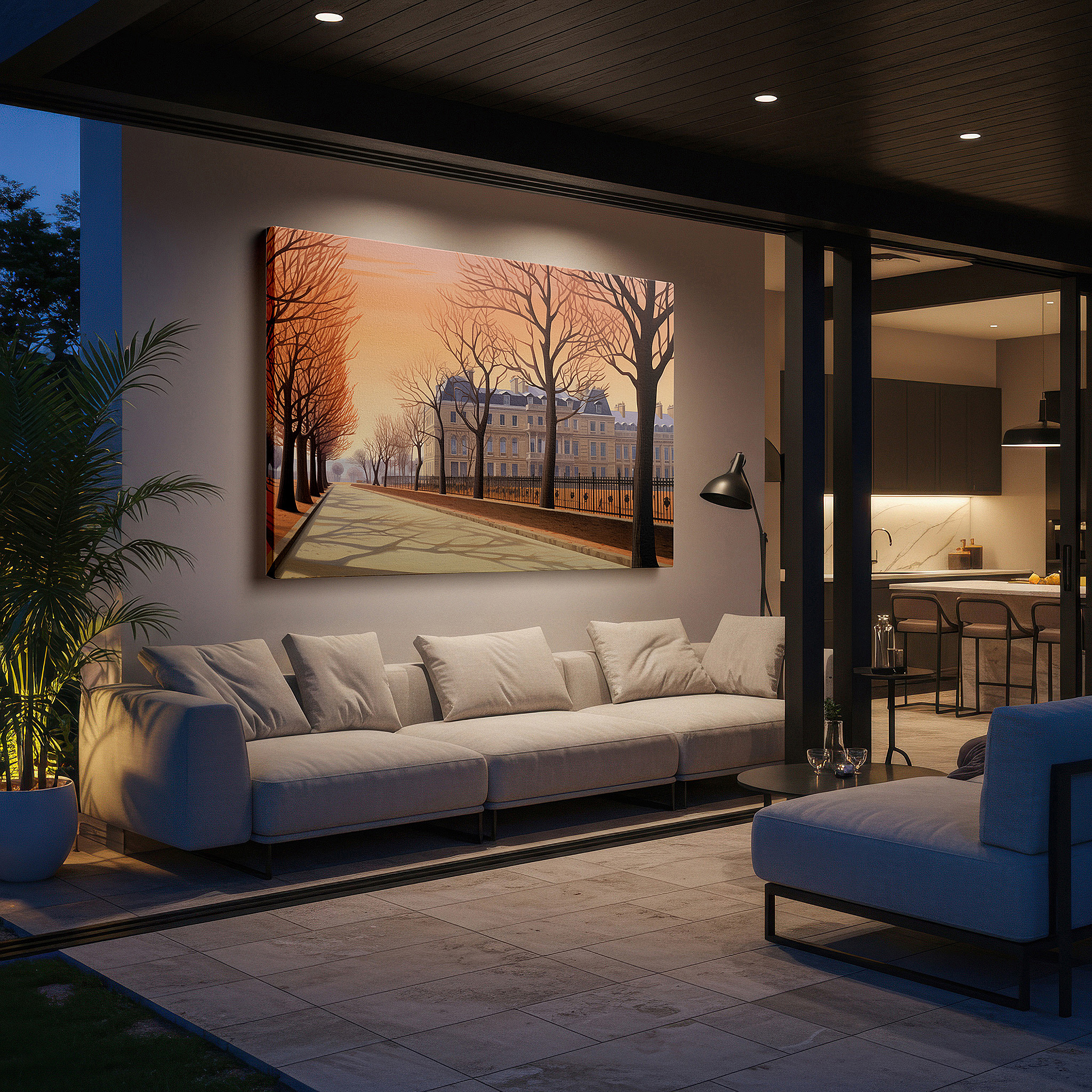 The 75×50 cm version anchors medium rooms without dominating them — dawn's embrace on a parisian avenue: large wall art featuring ornate facades and cobblestone paths, canvas wall art for office decor