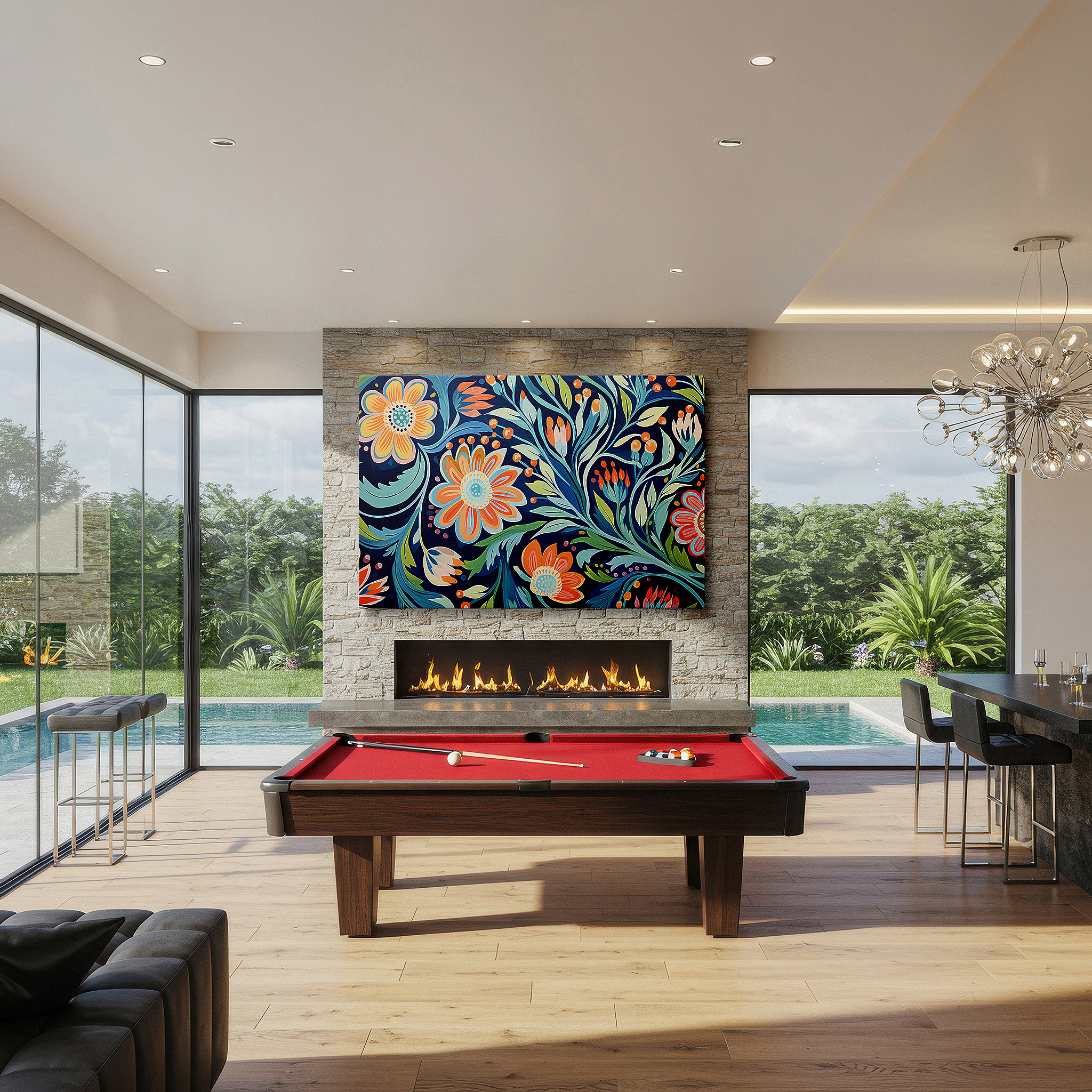 The 75×50 cm version anchors medium rooms without dominating them — dusk in floral paradise - serene and cheerful garden escape wall art for any room, large canvas art, office decor