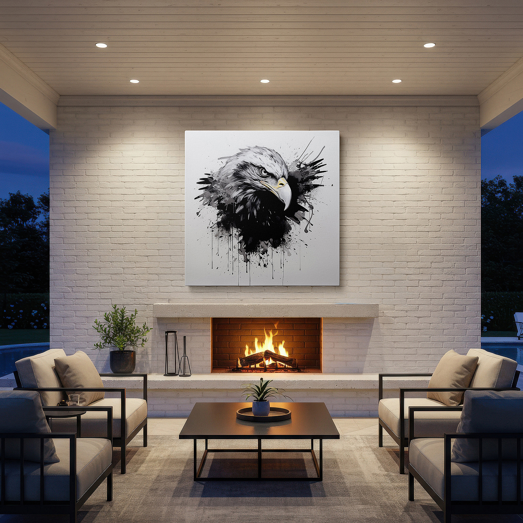 The 75×50 cm version anchors medium rooms without dominating them — dynamic black and gray eagle in flight wall art, large canvas for office decor, embodying strength and freedom