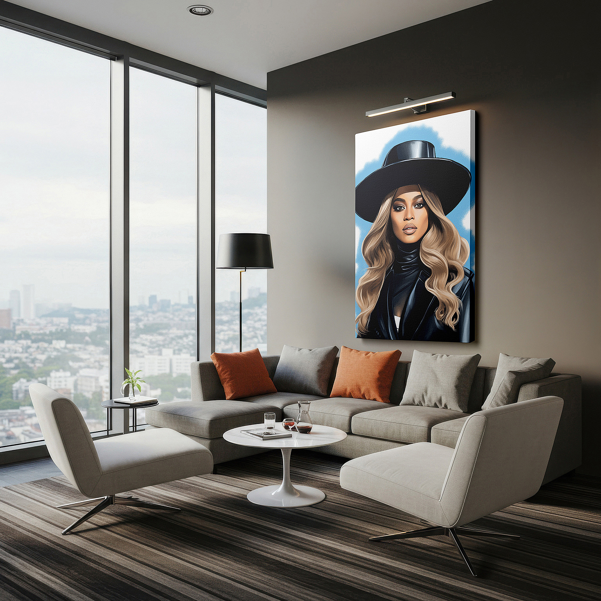 The 75×50 cm version anchors medium rooms without dominating them — elegant and confident modern woman with a striking black hat - large canvas wall art for stylish office decor