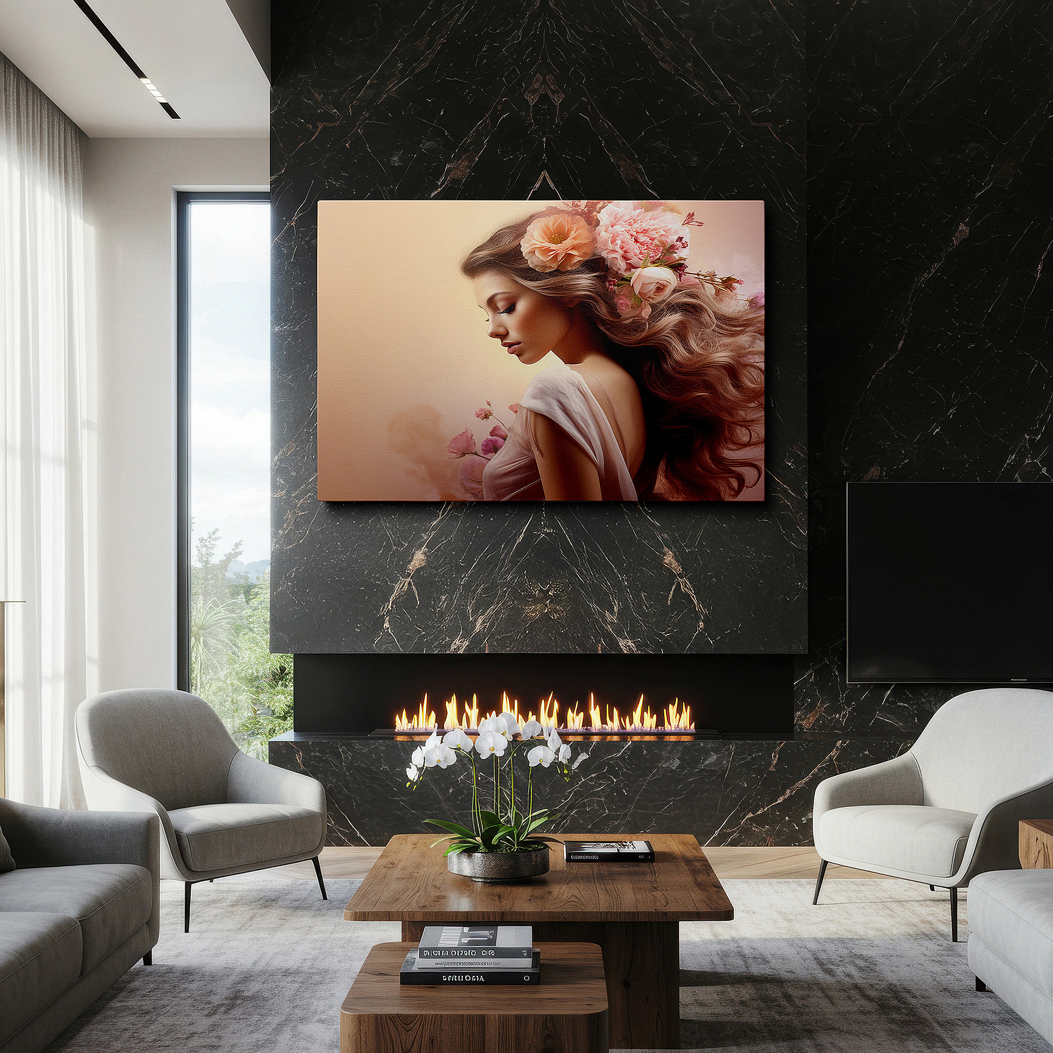 The 75×50 cm version anchors medium rooms without dominating them — enchanted garden of tranquility: a serene portrait of feminine grace and ethereal beauty - large canvas wall art for home and office decor