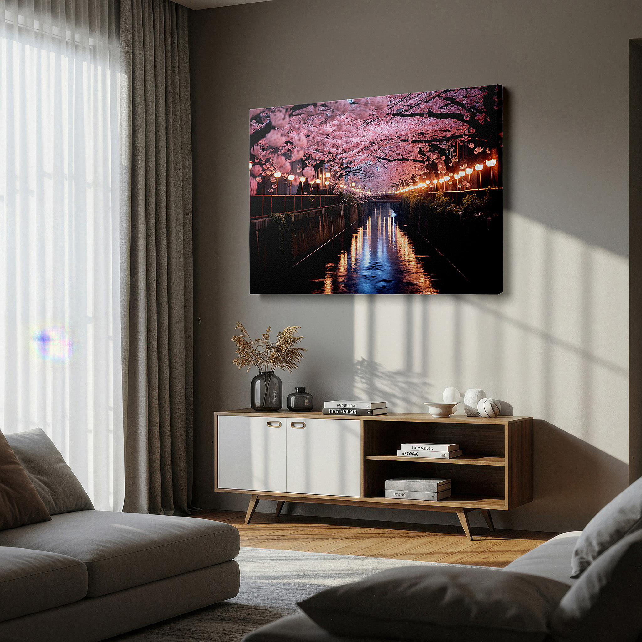 The 75×50 cm version anchors medium rooms without dominating them — enchanted sakura pathway with lanterns - tranquil and romantic spring scene large wall art, canvas wall art, wall decor for office and bedroom