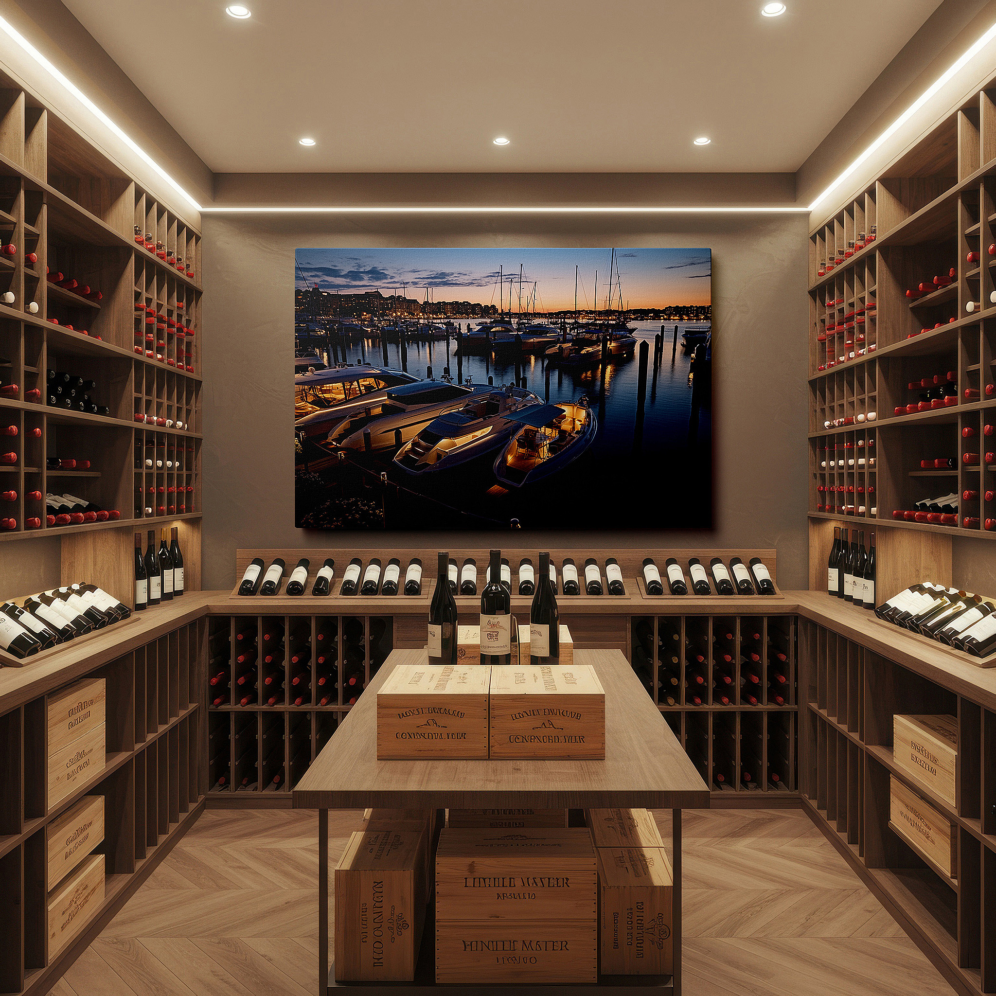 The 75×50 cm version anchors medium rooms without dominating them — enchanting dusk at the vibrant marina: tranquil evening with glimmering boats and soft lights - large canvas wall art for office decor
