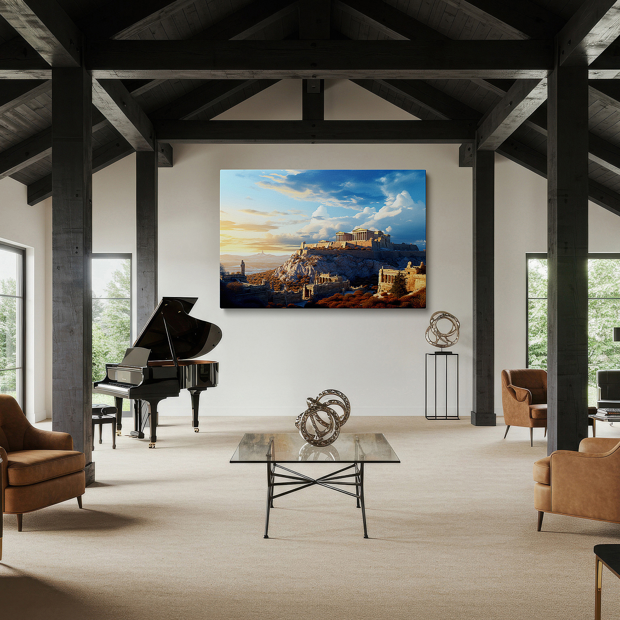 The 75×50 cm version anchors medium rooms without dominating them — ethereal acropolis: a tribute to time, nature, and human effort - large wall art, canvas wall art, wall decor for office and bedroom