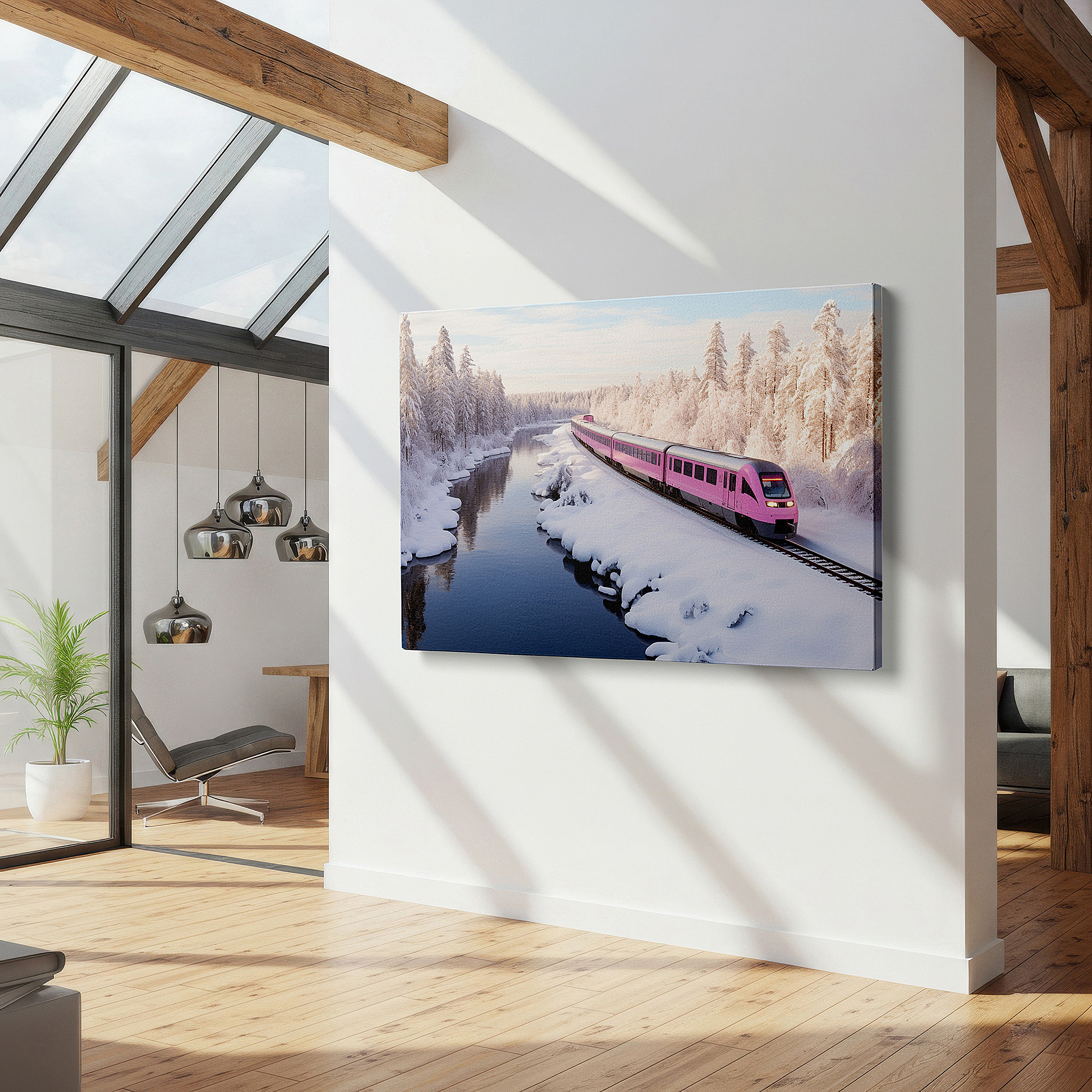 The 75×50 cm version anchors medium rooms without dominating them — explore a winter wonderland with a bright pink train: large canvas wall art for offices, bedrooms, and living rooms