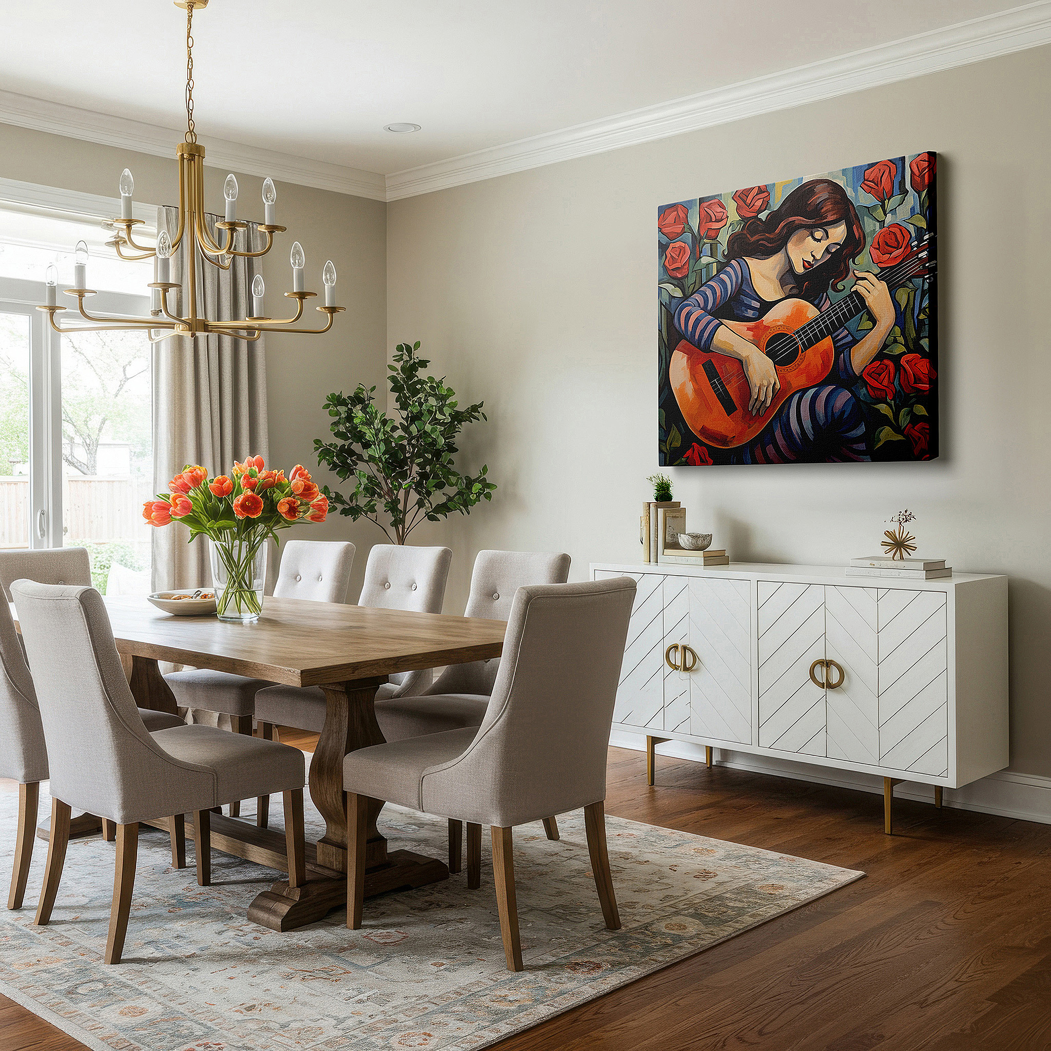 The 75×50 cm version anchors medium rooms without dominating them — girl with guitar amidst blossoming roses, nature and music symphony large wall art, canvas wall decor, office and bedroom wall art