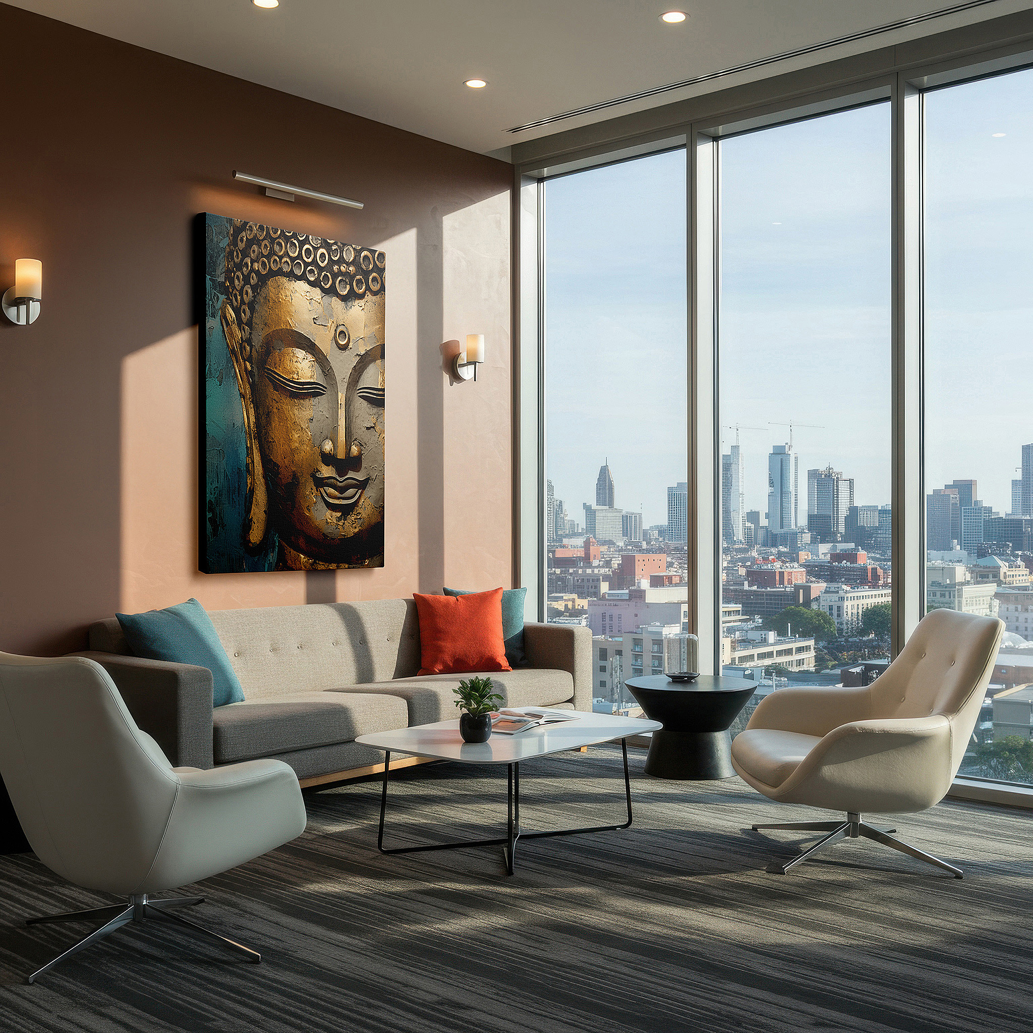 The 75×50 cm version anchors medium rooms without dominating them — golden buddha wall art for living room: a sanctuary of serenity and spiritual depth. ideal for office, bedroom, and home decor, available as large canvas wall art.
