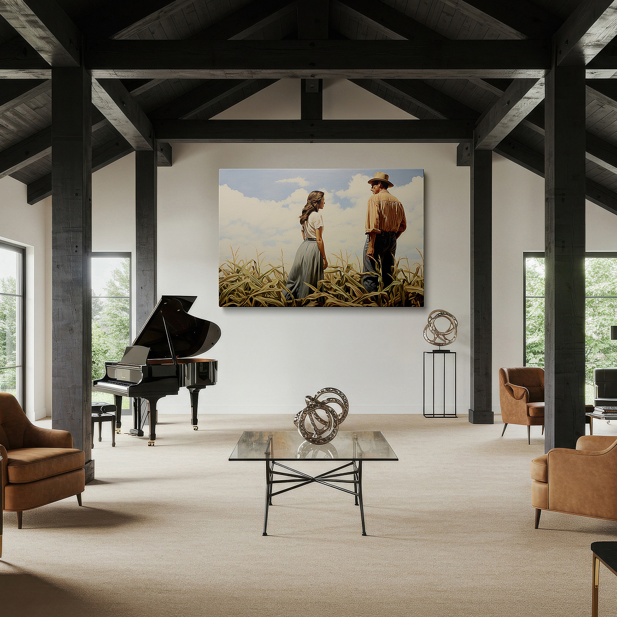 The 75×50 cm version anchors medium rooms without dominating them — golden cornfield tender moments - timeless love and companionship portrait under a radiant sky, large canvas wall art