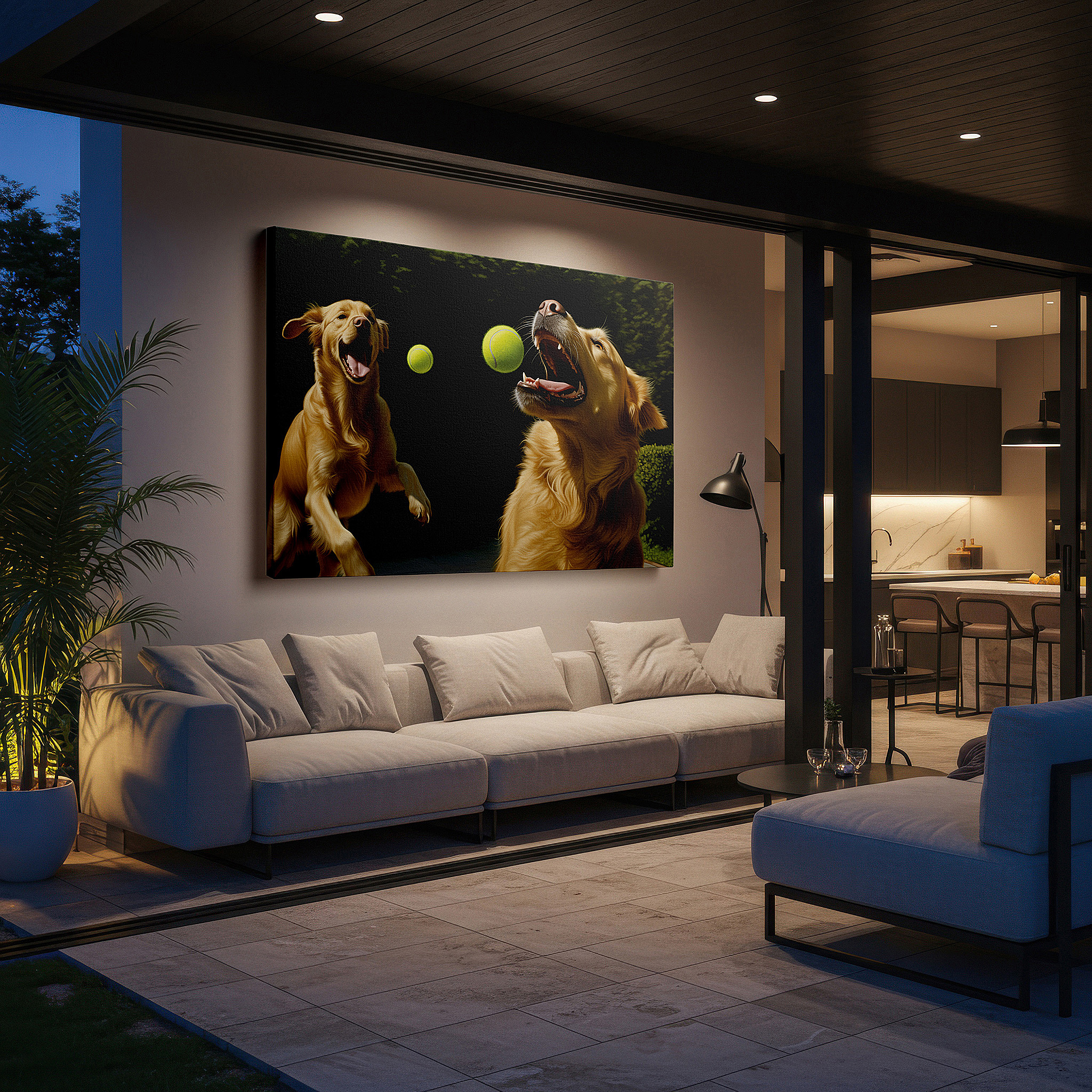 The 75×50 cm version anchors medium rooms without dominating them — golden retrievers frolicking in a vibrant green landscape: a lively display of happiness and energy - large wall art, canvas wall art, wall decor for office