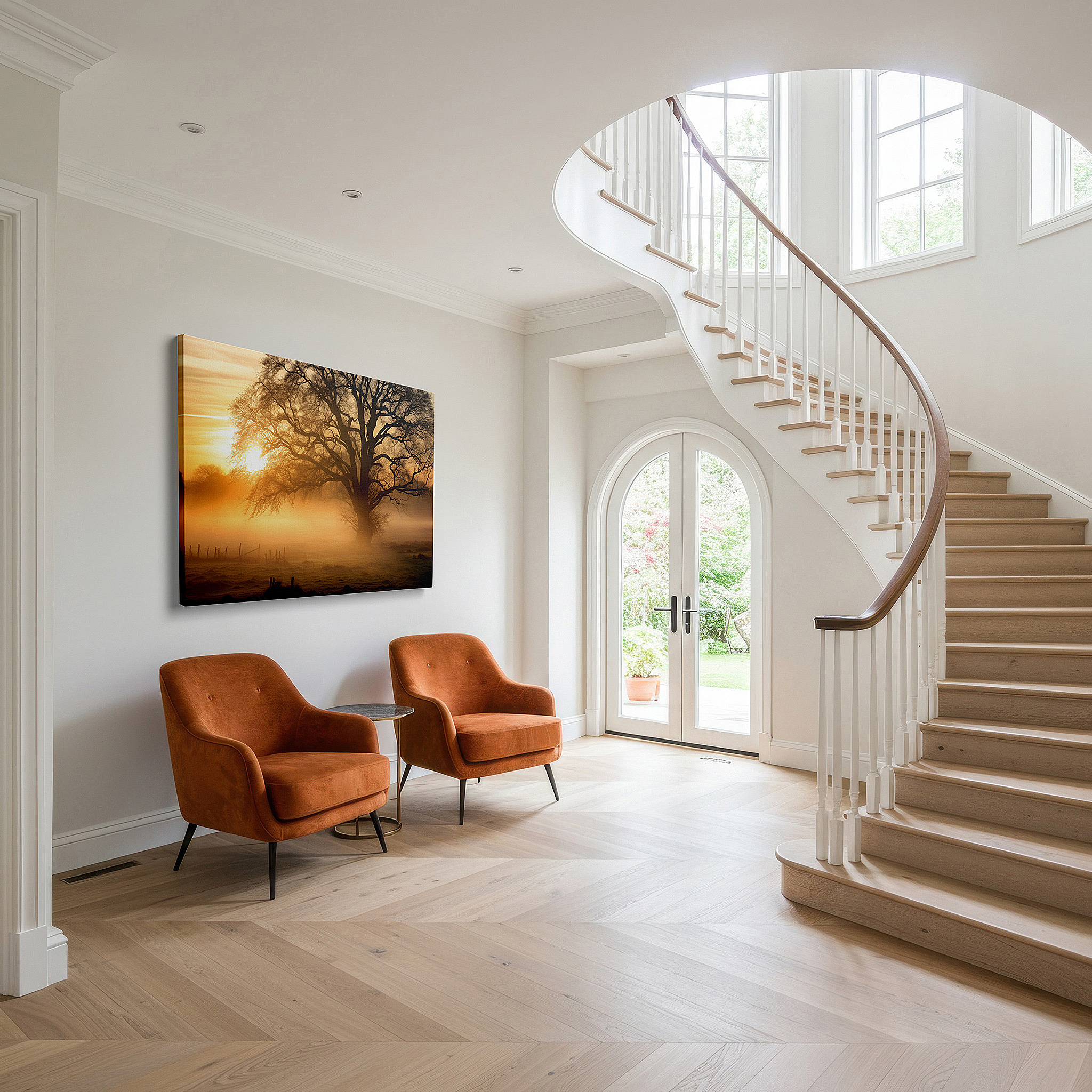 The 75×50 cm version anchors medium rooms without dominating them — golden sunrise and majestic tree silhouette canvas wall art, embracing dawn's warmth and mystery, large wall decor for office