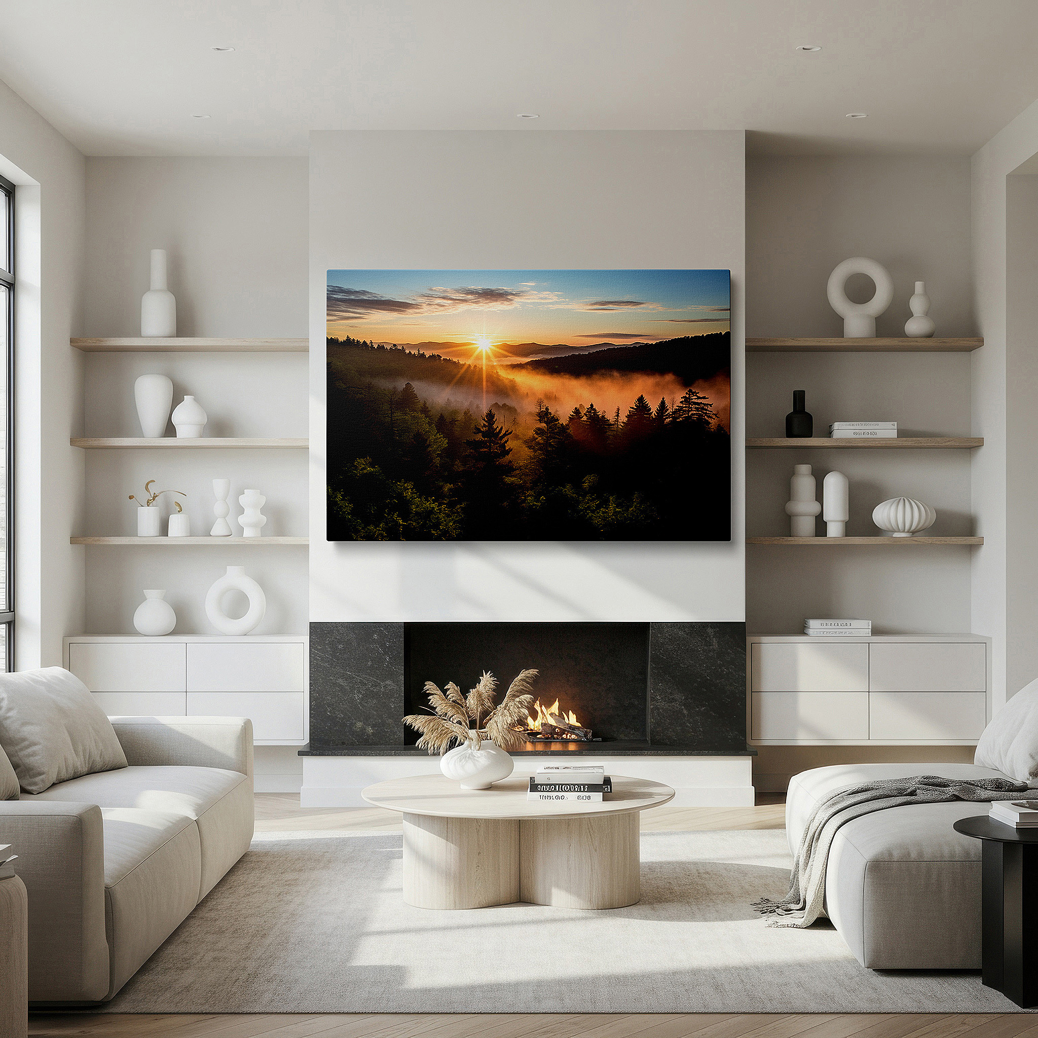 The 75×50 cm version anchors medium rooms without dominating them — golden sunrise over misty valley with lush trees and majestic mountains - large canvas wall art for office and bedroom decor