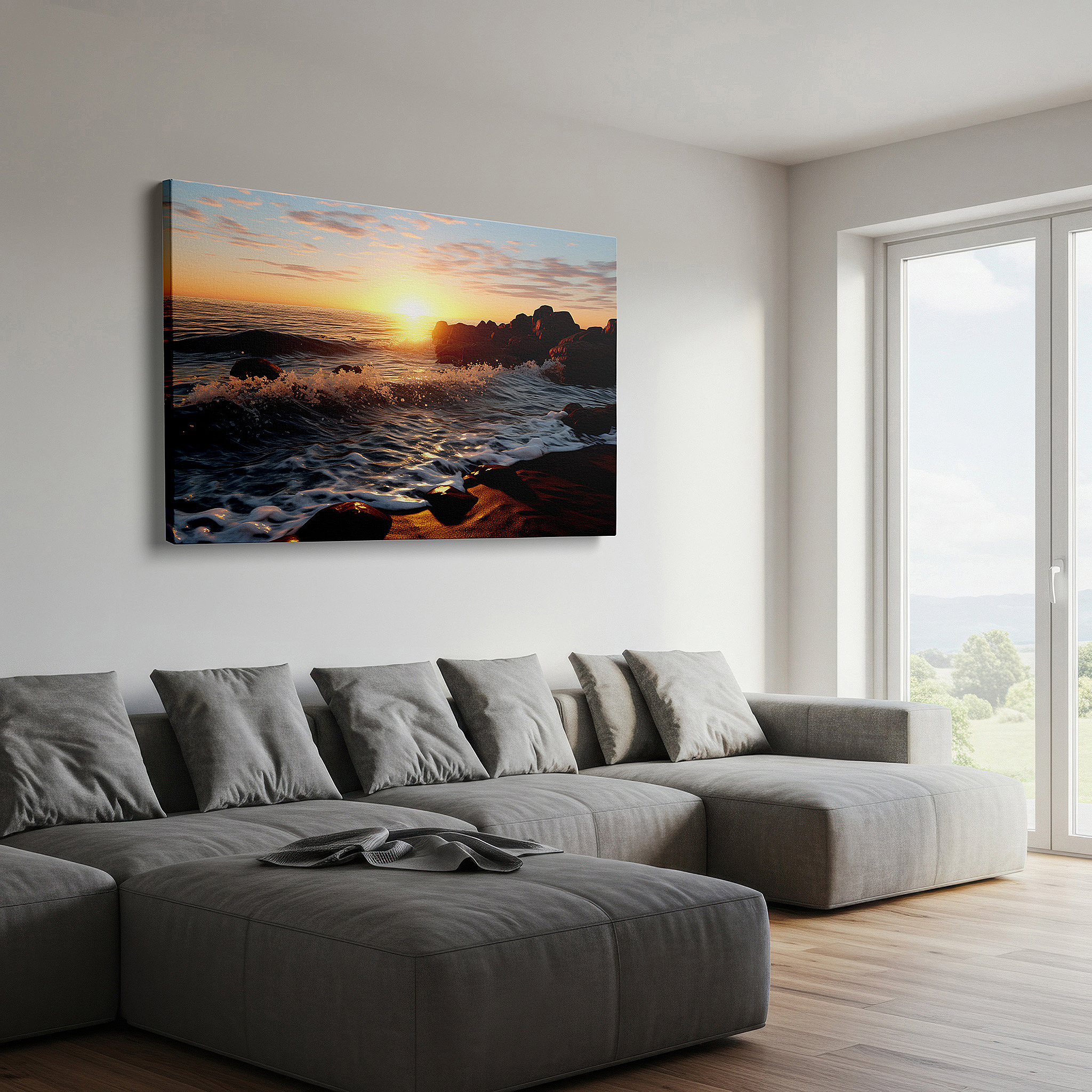 The 75×50 cm version anchors medium rooms without dominating them — golden sunset embrace over tranquil sea - serene coastal symphony large wall art, canvas wall art, wall decor for office and bedroom