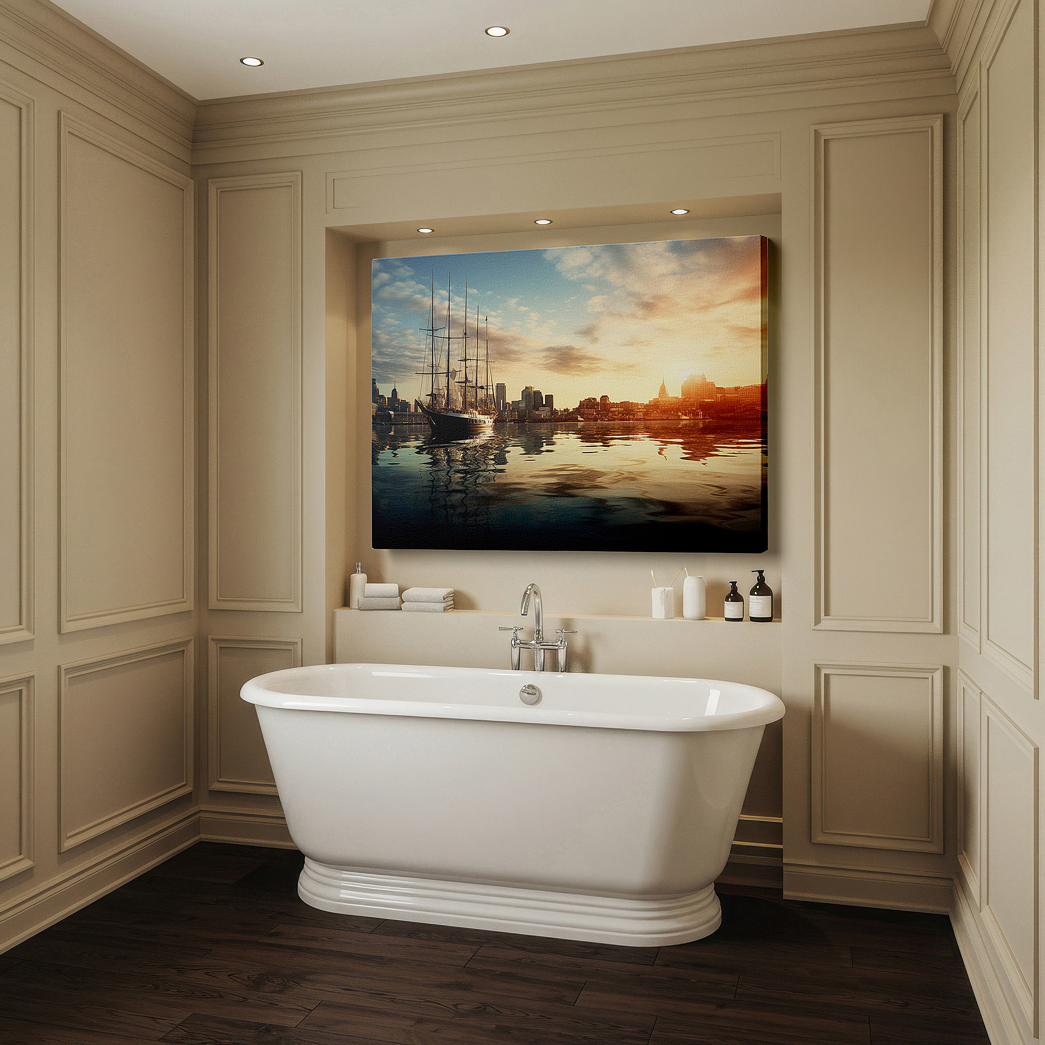 The 75×50 cm version anchors medium rooms without dominating them — golden sunset reflection: serene maritime and bustling cityscape large wall art, canvas decor for office and bedroom
