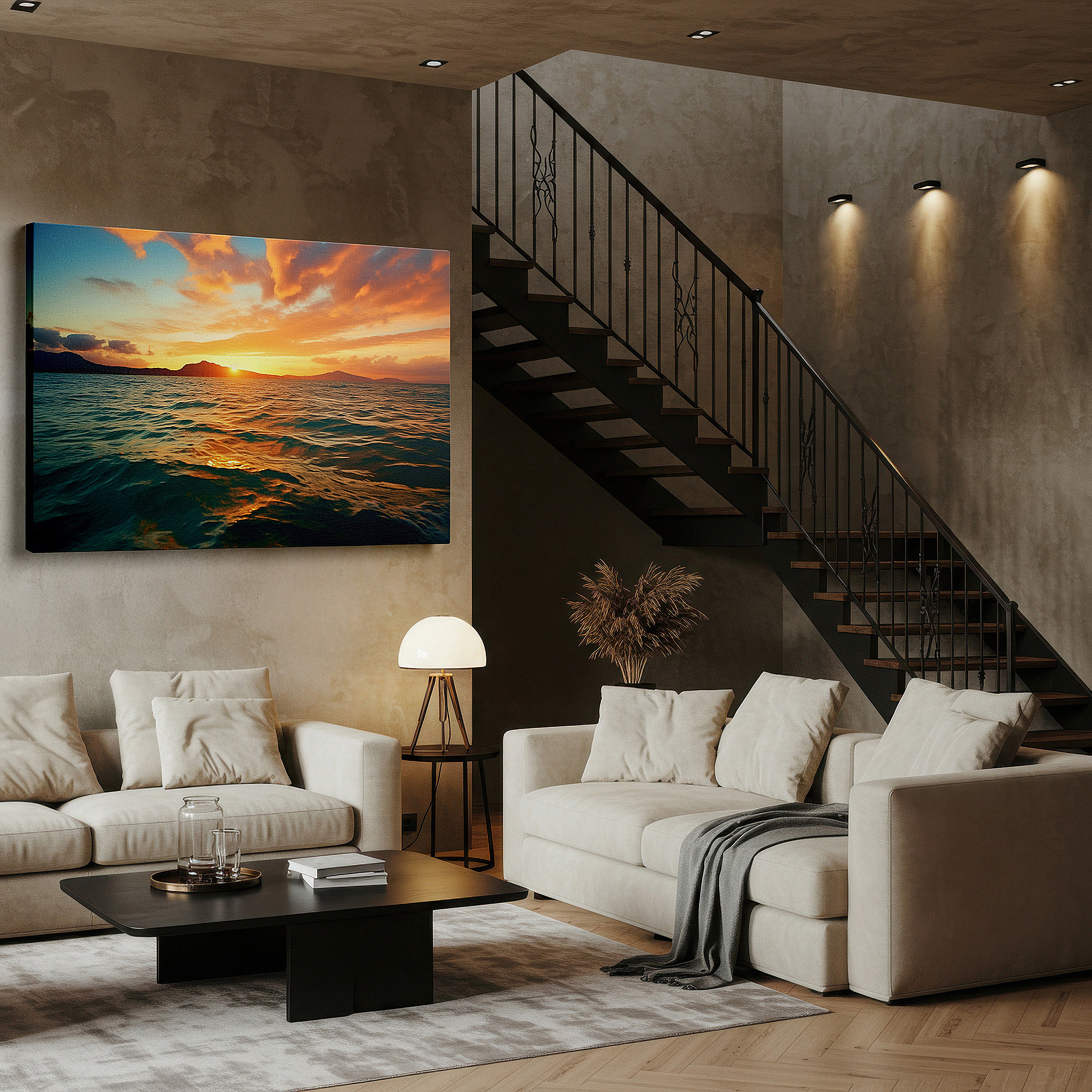 The 75×50 cm version anchors medium rooms without dominating them — golden sunset over tranquil ocean: experience serenity with nature's beauty - large canvas wall art for home and office decor