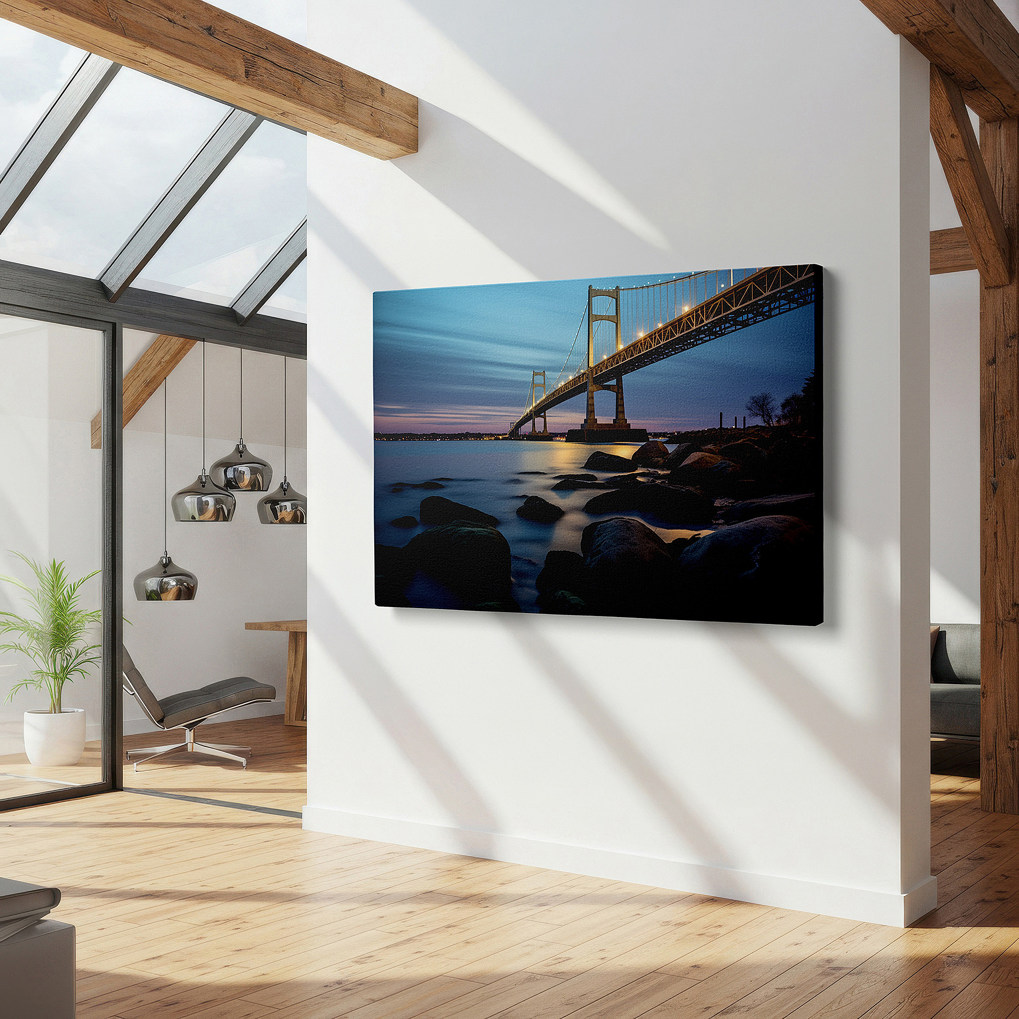 The 75×50 cm version anchors medium rooms without dominating them — grand bridge over serene waters illuminated by golden lights under a nocturnal sky large wall art, canvas wall art, wall decor, office decor