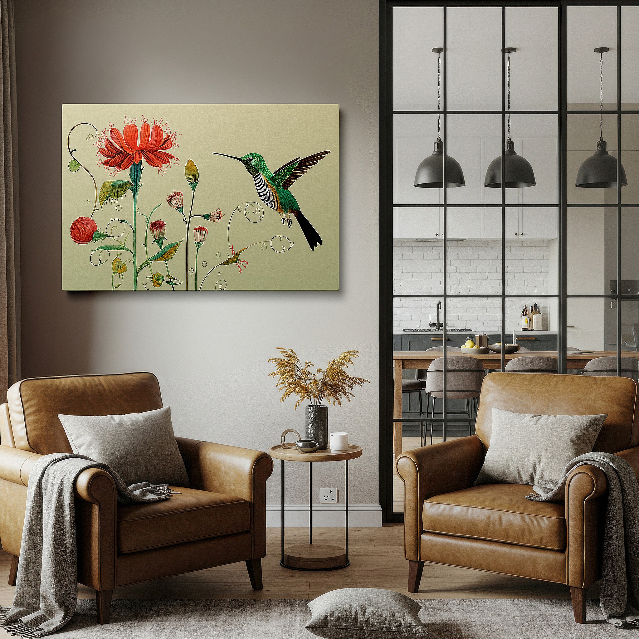 The 75×50 cm version anchors medium rooms without dominating them — hummingbird mid-hover dance amidst vibrant flowers, representing biodiversity and ecosystem symbiosis - large wall art, canvas wall art, wall decor