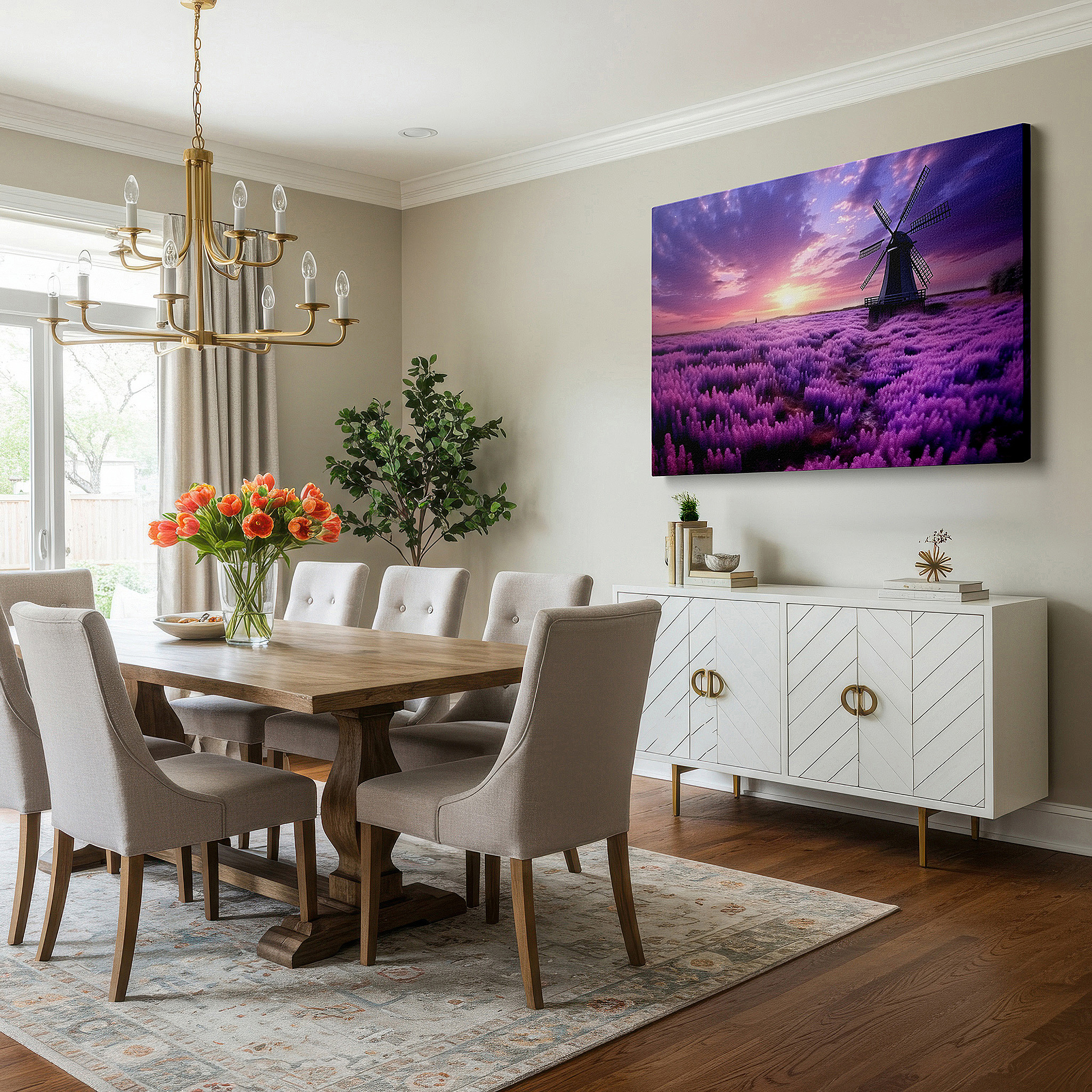 The 75×50 cm version anchors medium rooms without dominating them — lavender fields and rustic windmill against a fiery sunset sky - large canvas wall art for office, bedroom, and living room decor