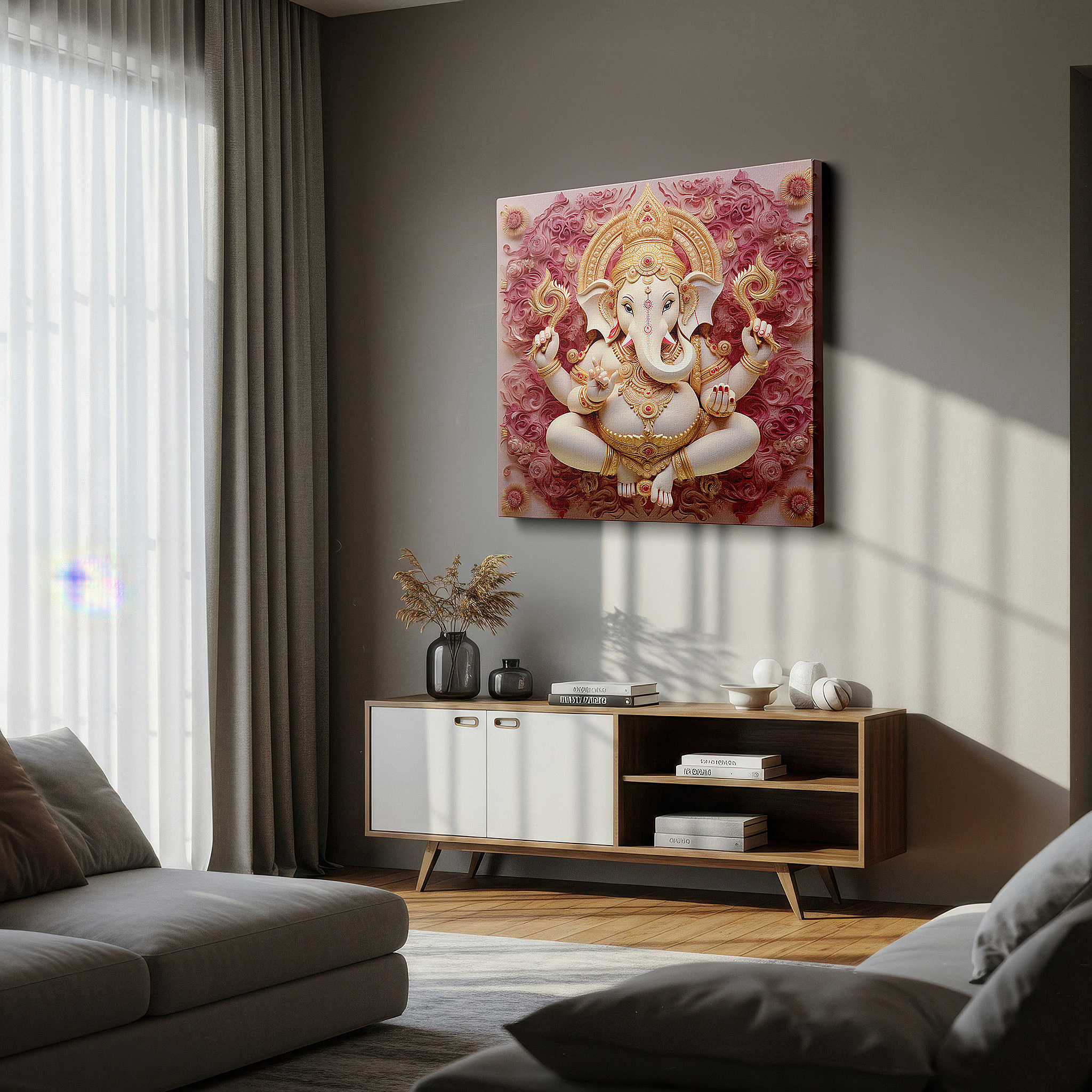 The 75×50 cm version anchors medium rooms without dominating them — lord ganesh wall art for living room: a blend of sacred symbols and contemporary design, ideal for home and office decor, available in large canvas formats