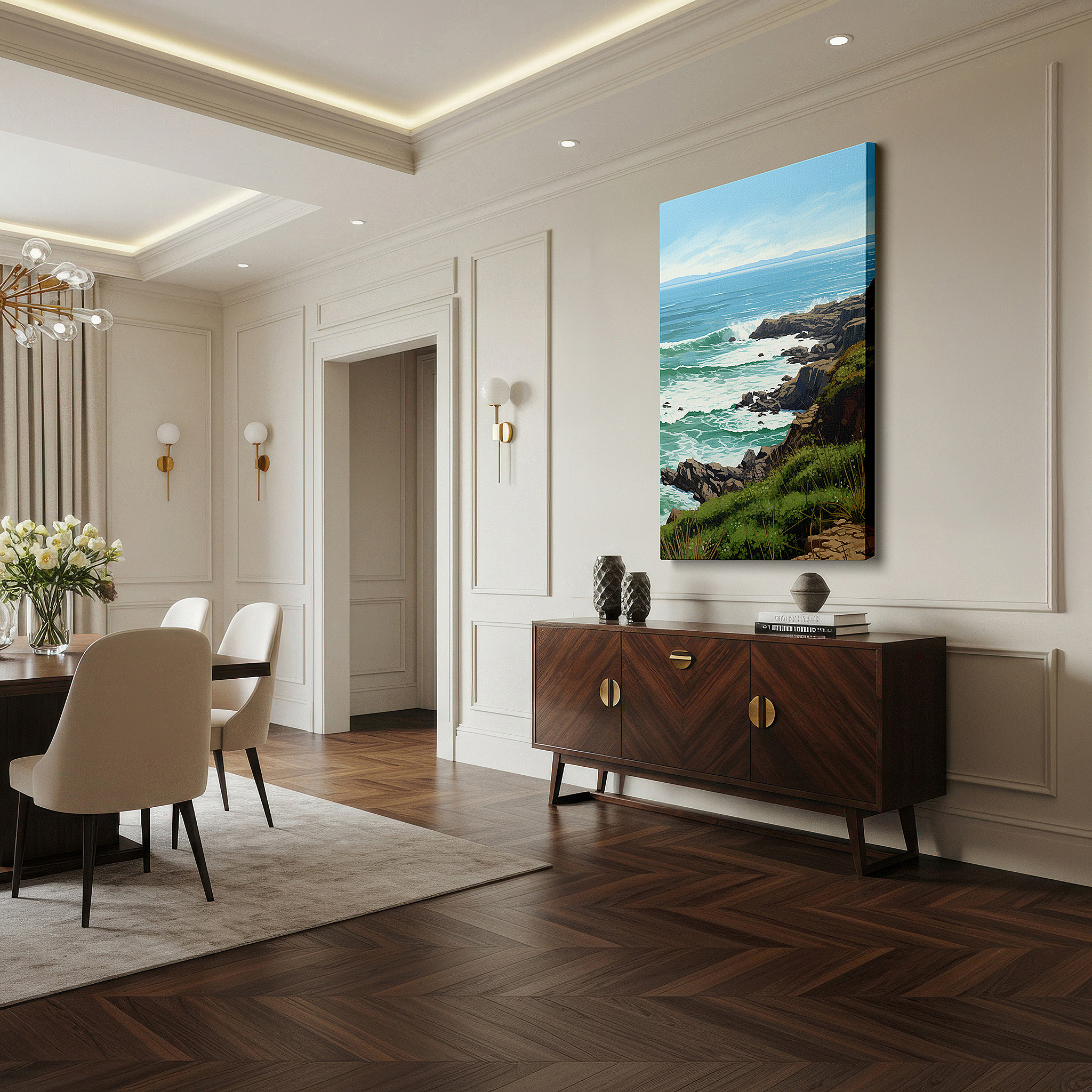 The 75×50 cm version anchors medium rooms without dominating them — lush greenery and ocean's embrace beneath a wide blue sky: large wall art, canvas wall art, wall decor for office and bedroom