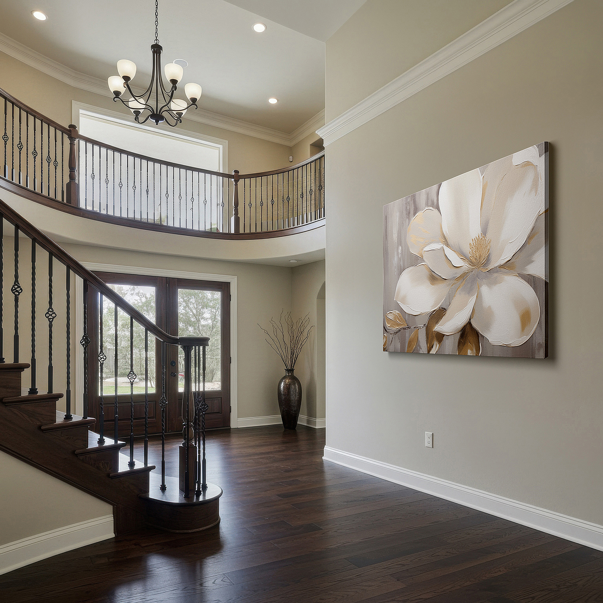 The 75×50 cm version anchors medium rooms without dominating them — magnolia blossom's serene beauty: elegant and luxurious nature-inspired large wall art, perfect for office and bedroom decor