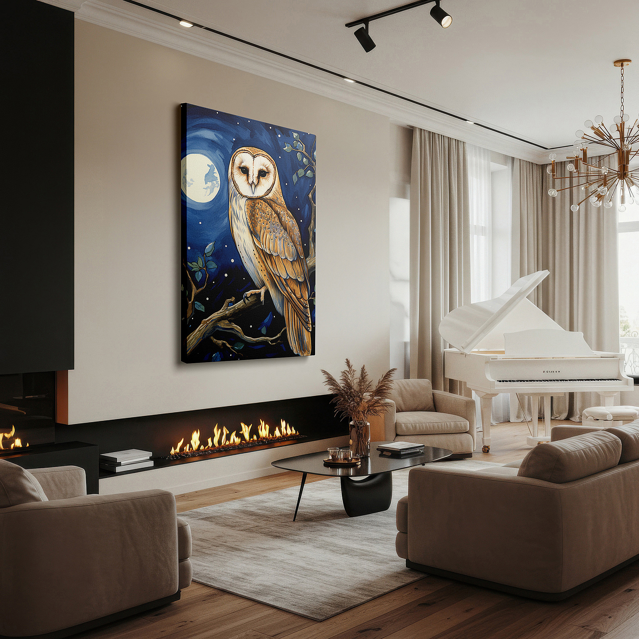 The 75×50 cm version anchors medium rooms without dominating them — majestic barn owl under a starlit sky: experience the serenity of nature's nighttime splendor with large canvas wall art for home and office decor