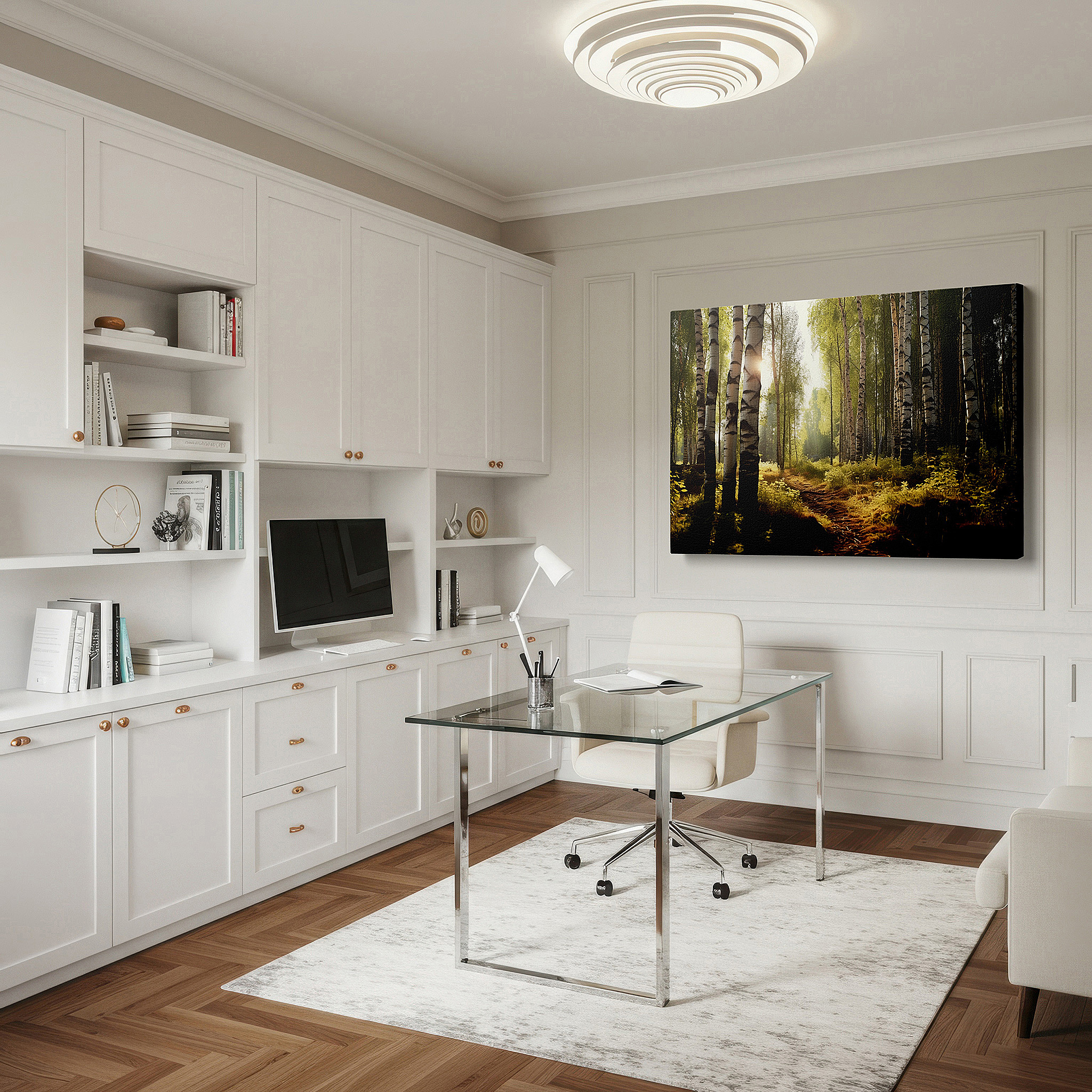 The 75×50 cm version anchors medium rooms without dominating them — majestic birches and dancing light in a lush forest sanctuary: large canvas wall art for office, living room, and bedroom decor