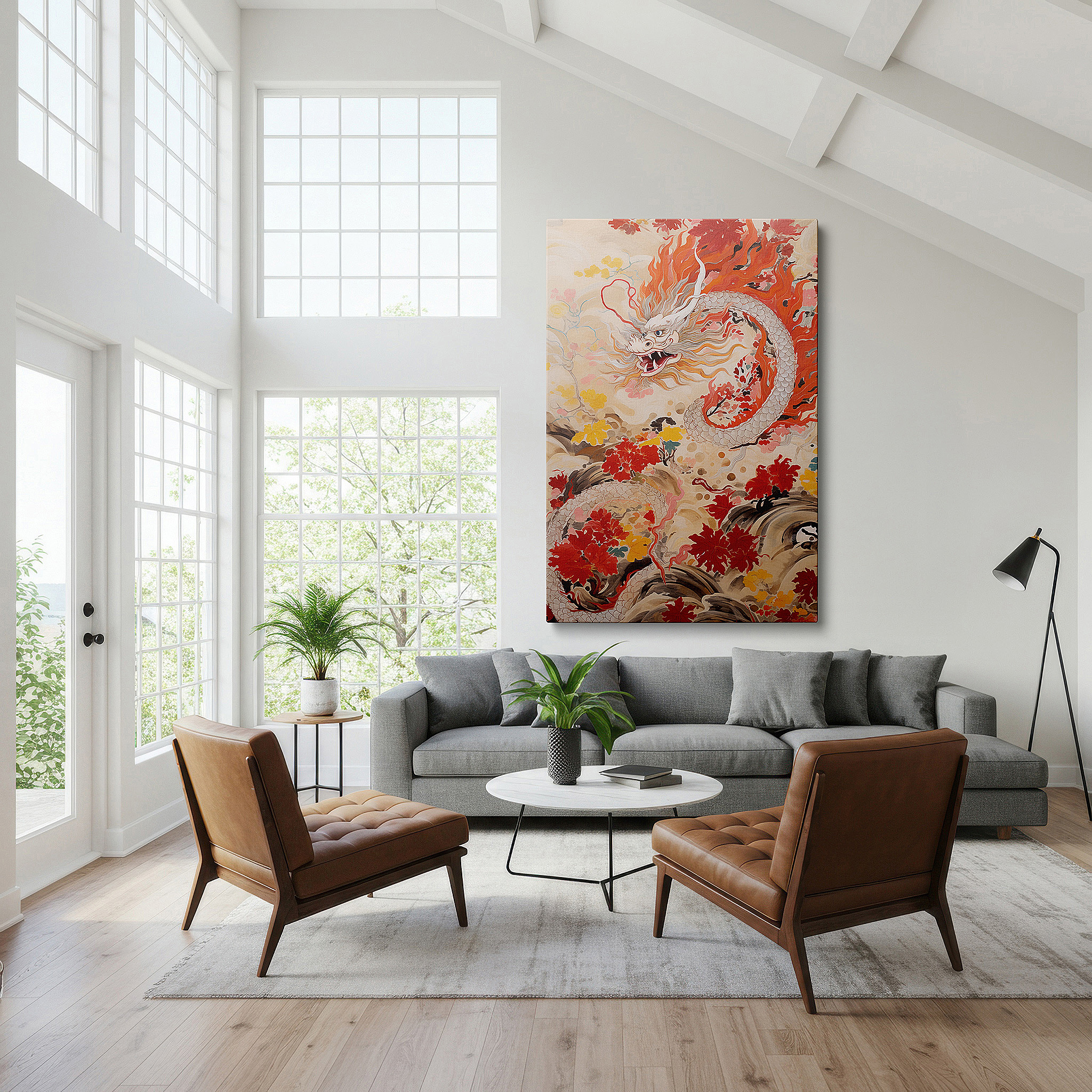 The 75×50 cm version anchors medium rooms without dominating them — majestic dragon in flight: a vivid tapestry of myth and motion - large canvas wall art for office and bedroom decor