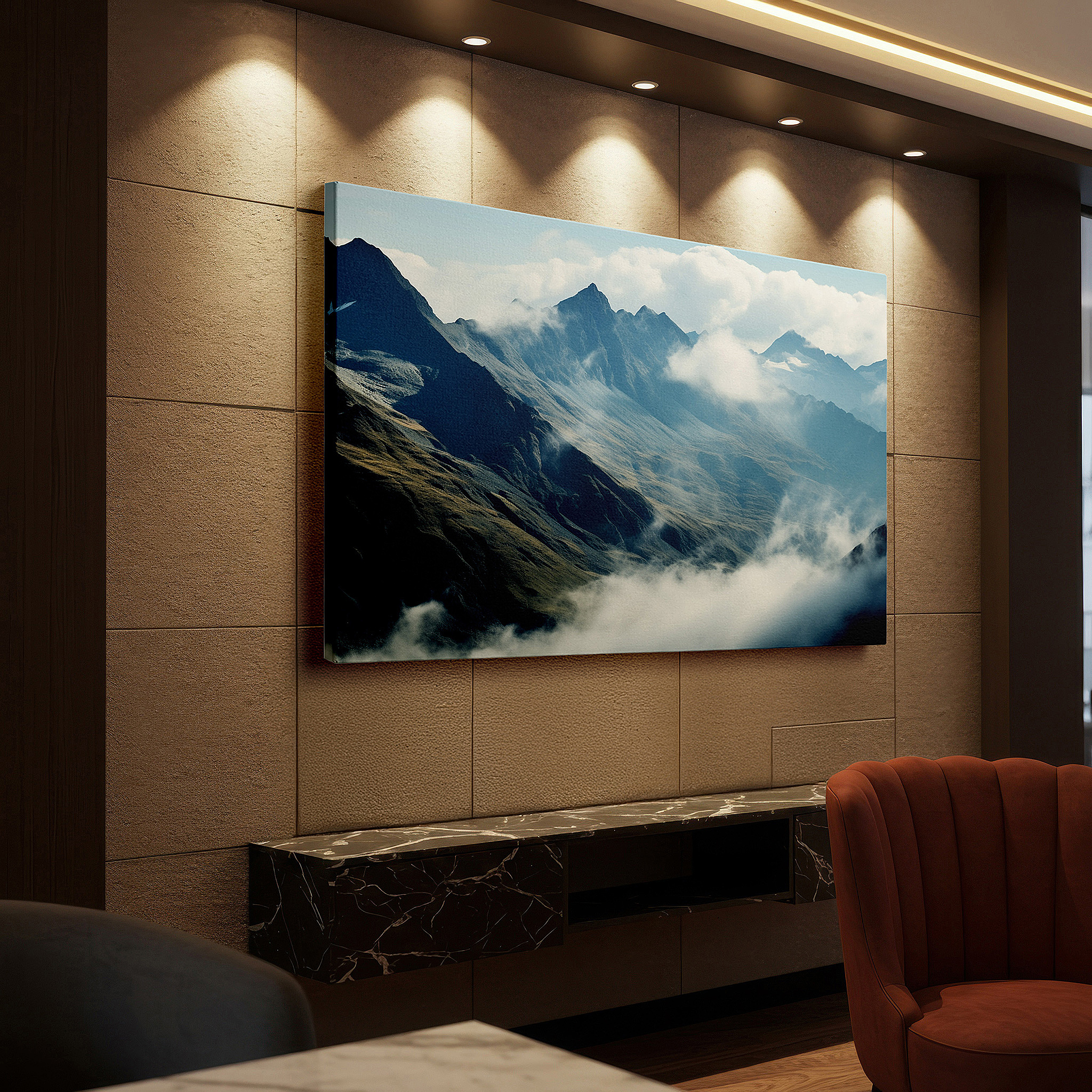 The 75×50 cm version anchors medium rooms without dominating them — majestic mountain peaks ascending into cloud-covered skies, serene yet imposing landscape large wall art, canvas wall art, wall decor for office