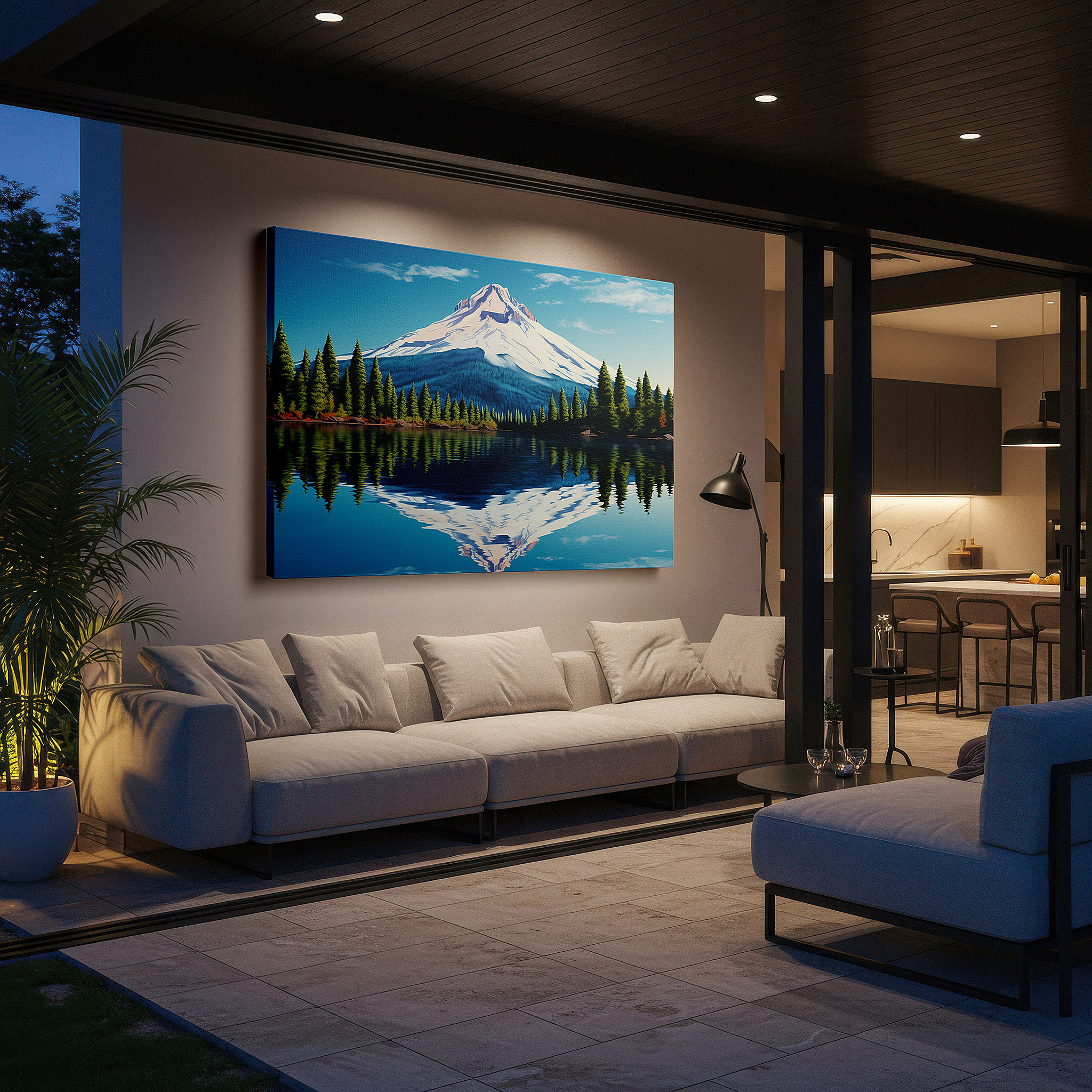 The 75×50 cm version anchors medium rooms without dominating them — majestic mountain and serene lake reflections amidst lush pine forests: large canvas wall art for office and bedroom decor