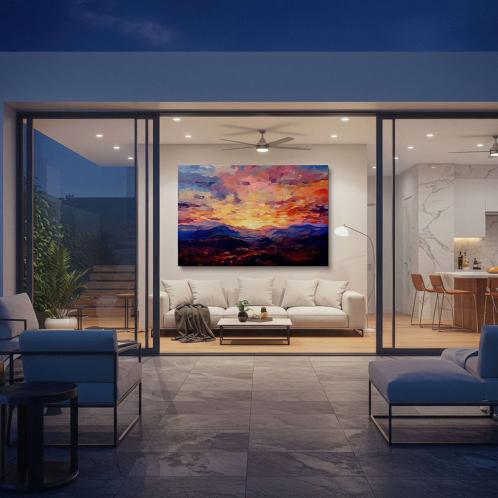The 75×50 cm version anchors medium rooms without dominating them — majestic mountain sunset: a serene blend of warm oranges and cool blues, large canvas wall art for home and office decor
