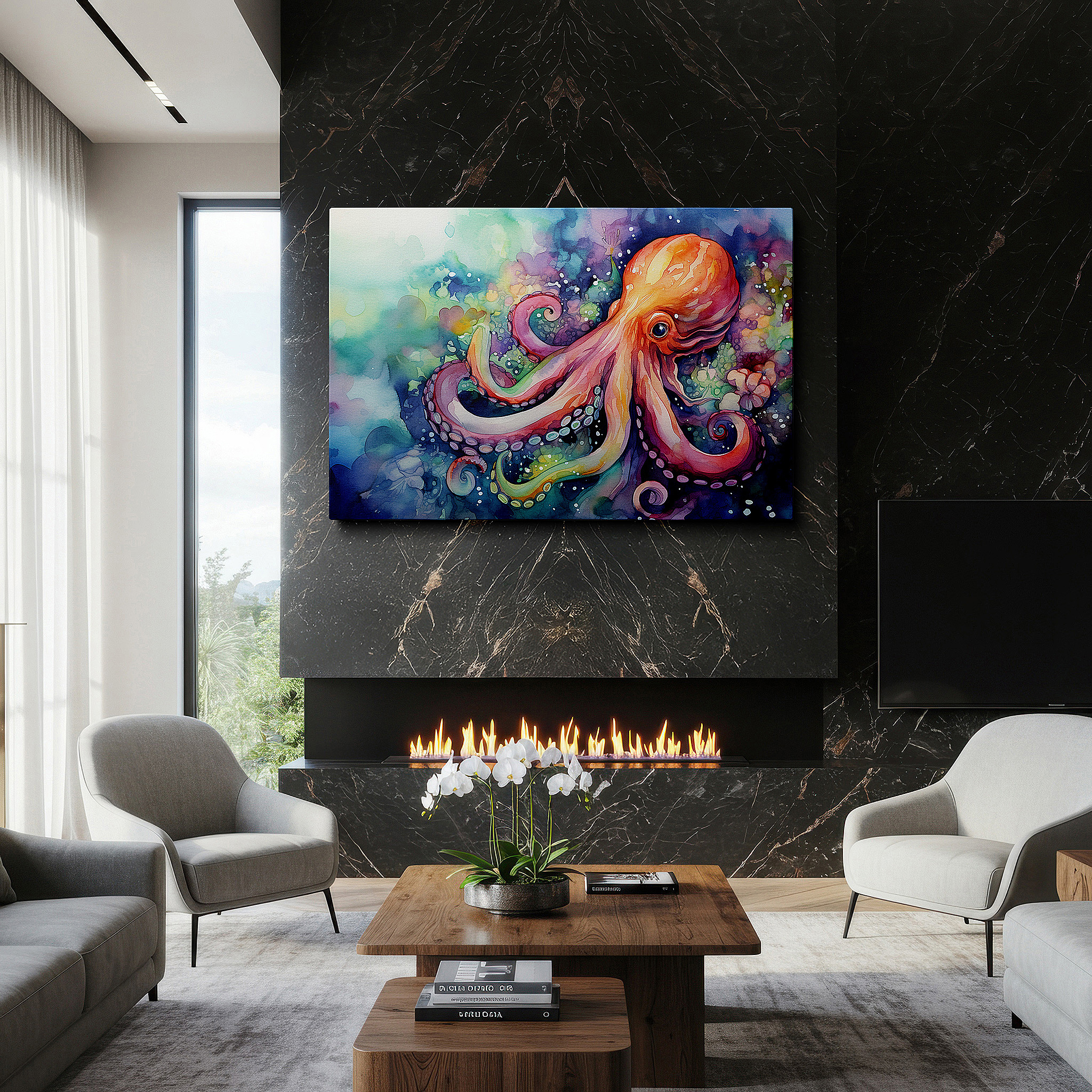 The 75×50 cm version anchors medium rooms without dominating them — majestic octopus and vibrant underwater city beneath soft sunlit waves large wall art, canvas wall art, wall decor for office and bedroom