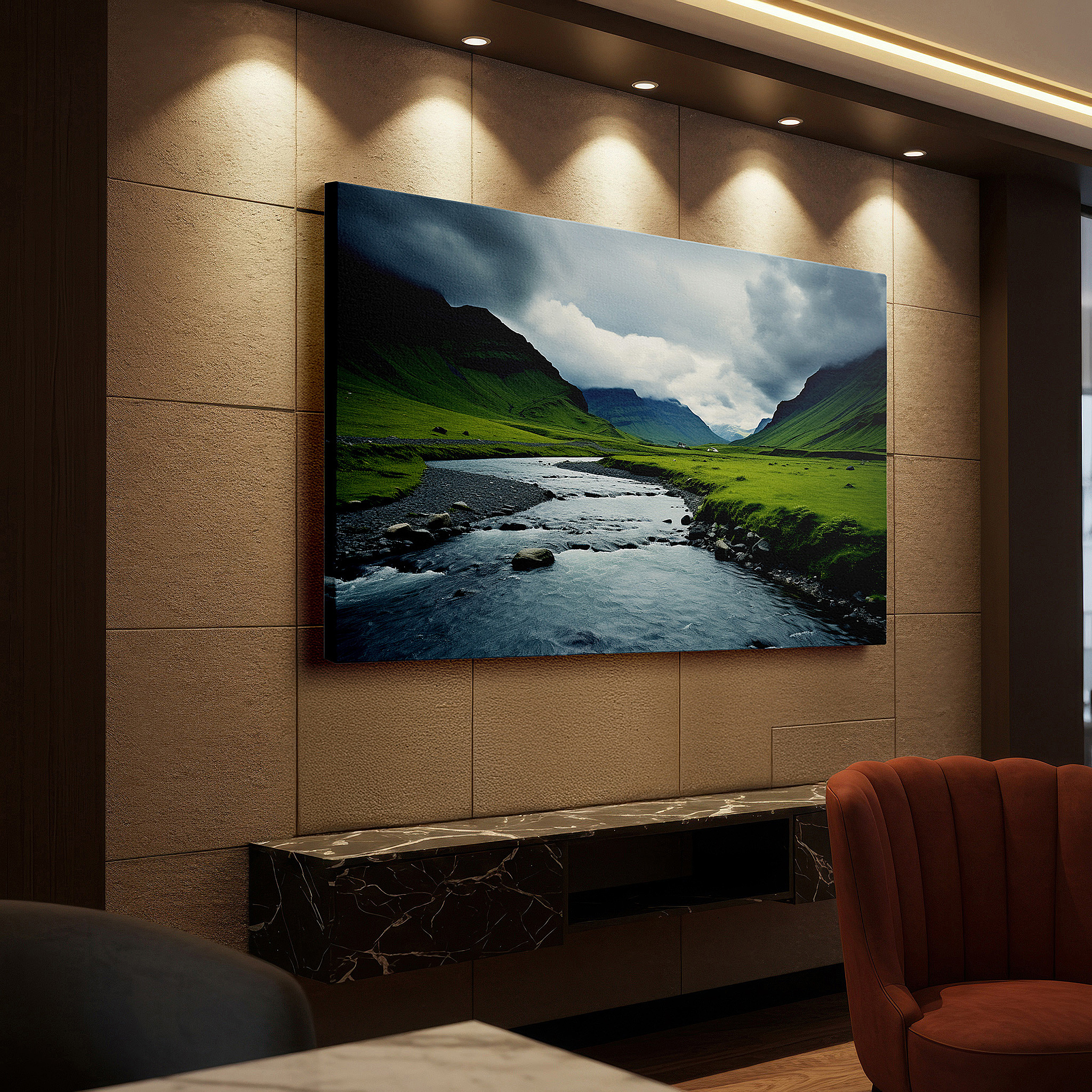 The 75×50 cm version anchors medium rooms without dominating them — majestic river winding through rugged mountains beneath ominous clouds - a dramatic and beautiful natural masterpiece large wall art, canvas wall art, wall decor