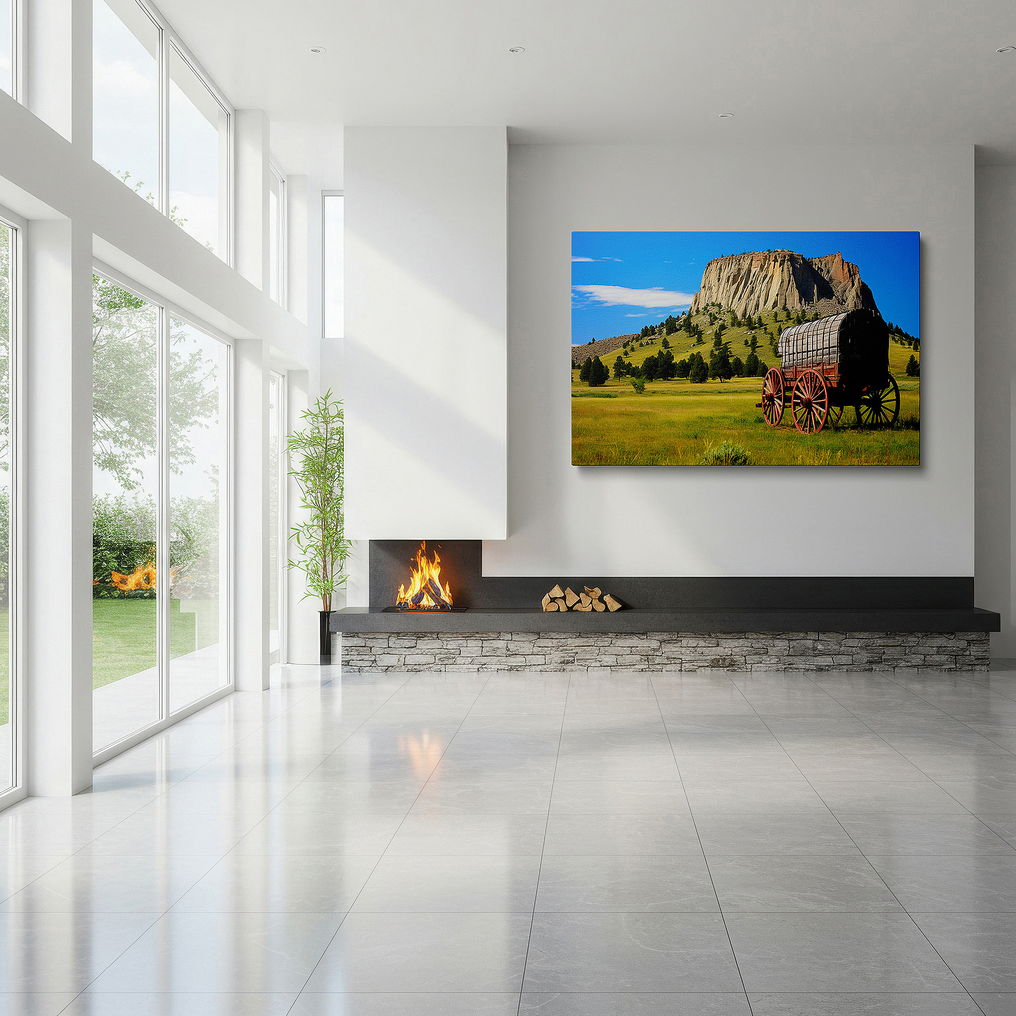 The 75×50 cm version anchors medium rooms without dominating them — majestic rocks with wagon at base, emblematic of adventure and natural artistry, large canvas wall art for office decor