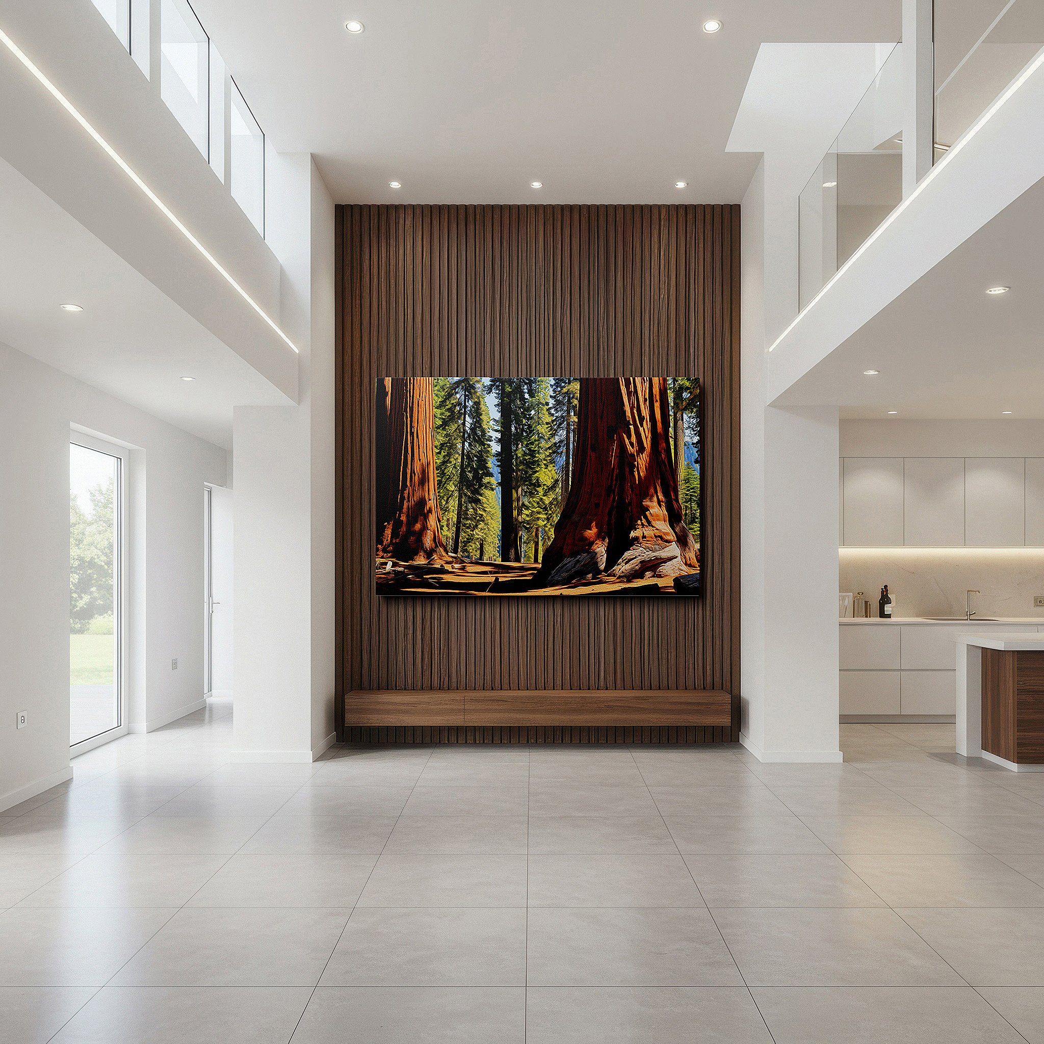 The 75×50 cm version anchors medium rooms without dominating them — majestic sequoias and serene lighting - peaceful forest haven large wall art, canvas wall art, wall decor for office and bedroom