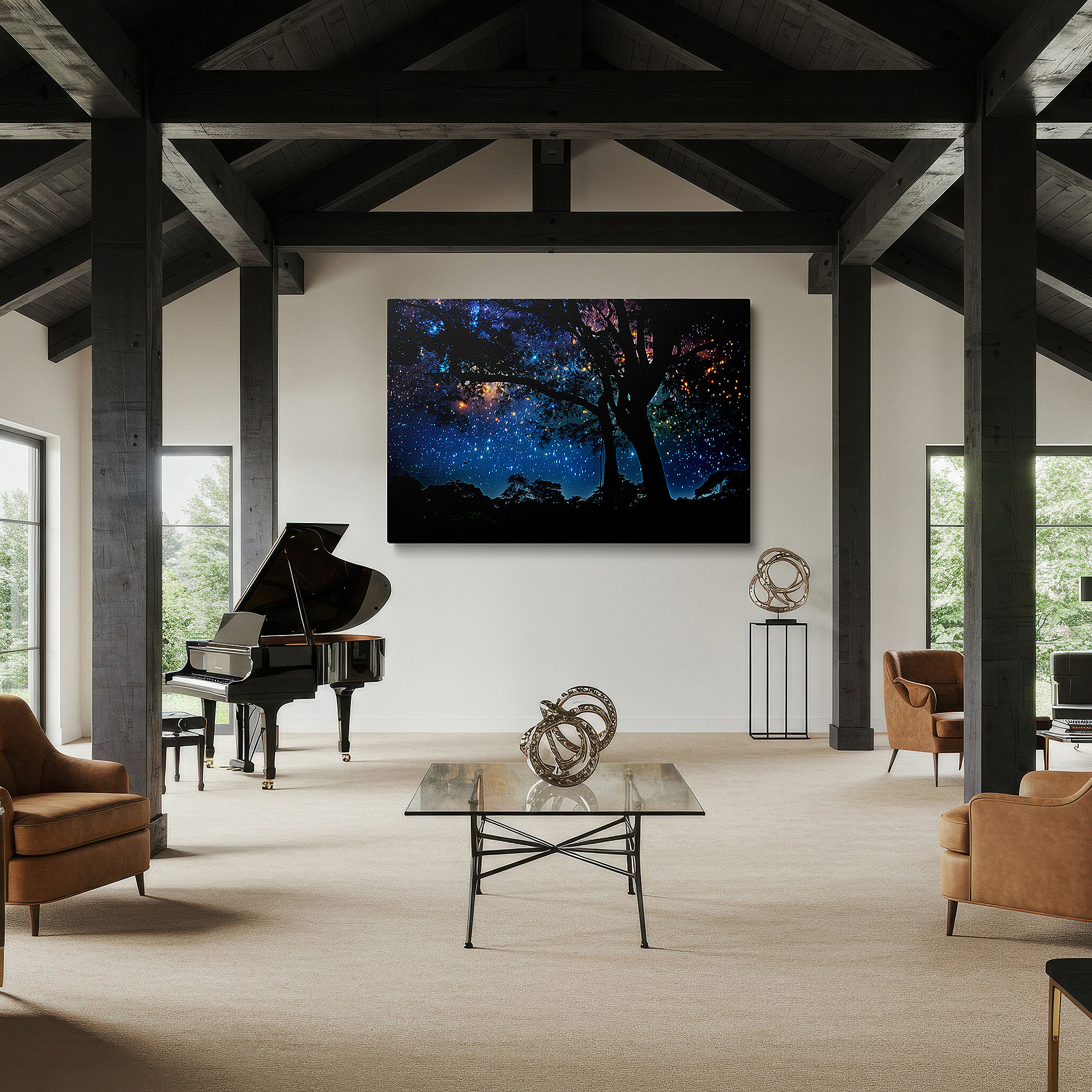 The 75×50 cm version anchors medium rooms without dominating them — majestic tree silhouette against a starry sky: a gateway to the infinite cosmos - large canvas wall art for home and office decor