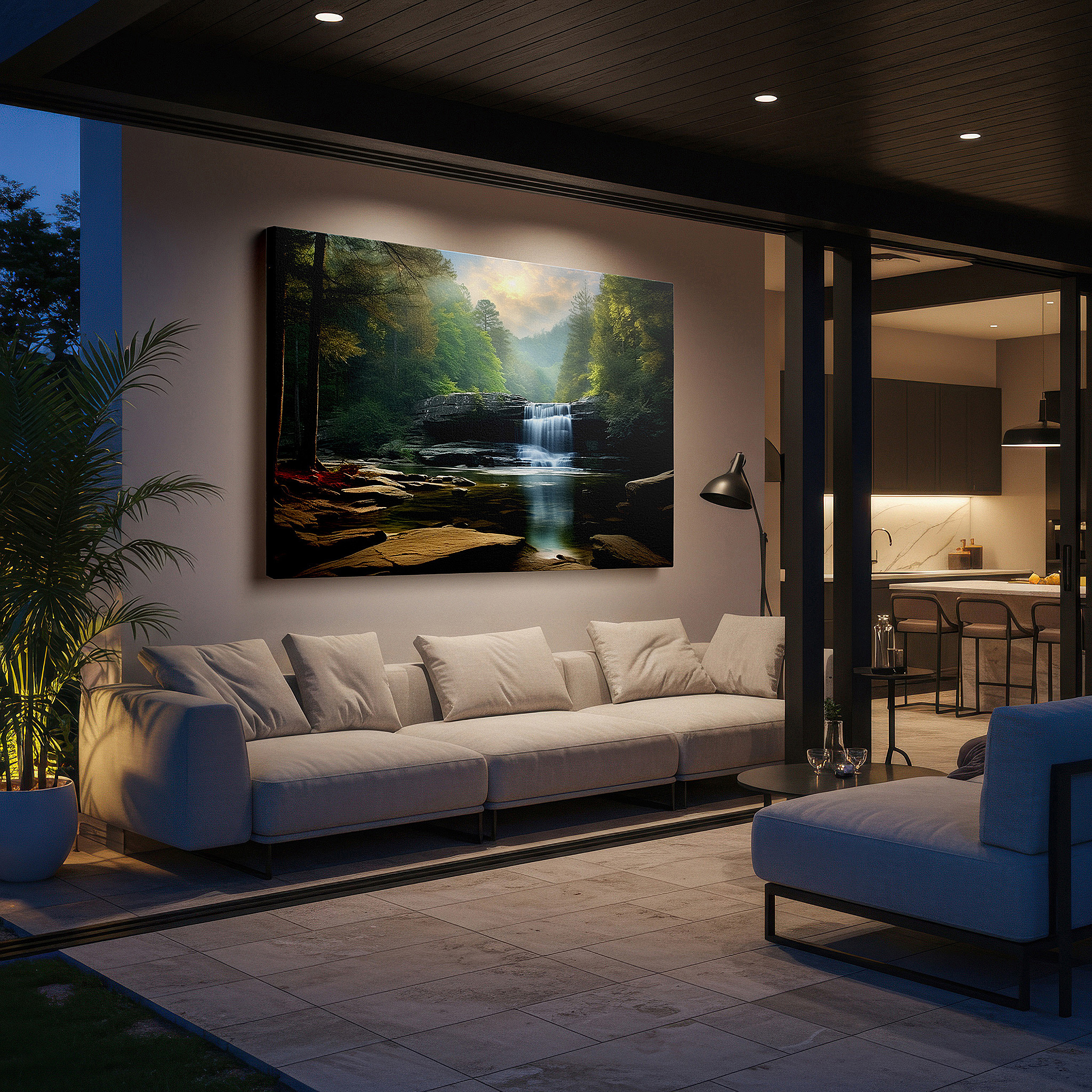 The 75×50 cm version anchors medium rooms without dominating them — majestic waterfall surrounded by verdant foliage, serene nature scene as large wall art, canvas wall art, wall decor for office and bedroom