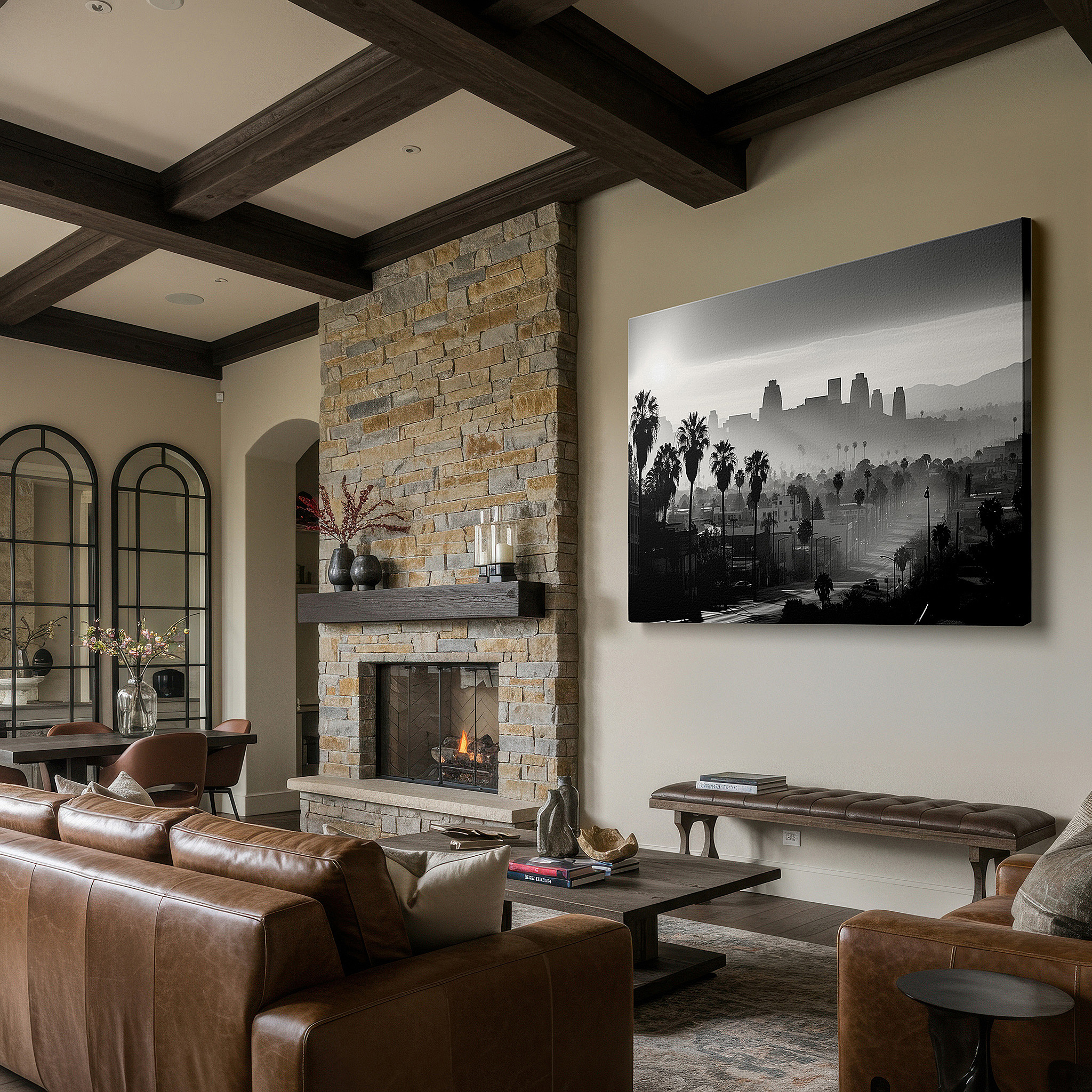 The 75×50 cm version anchors medium rooms without dominating them — misty dawn and palm silhouettes over cityscape large canvas wall art for office decor