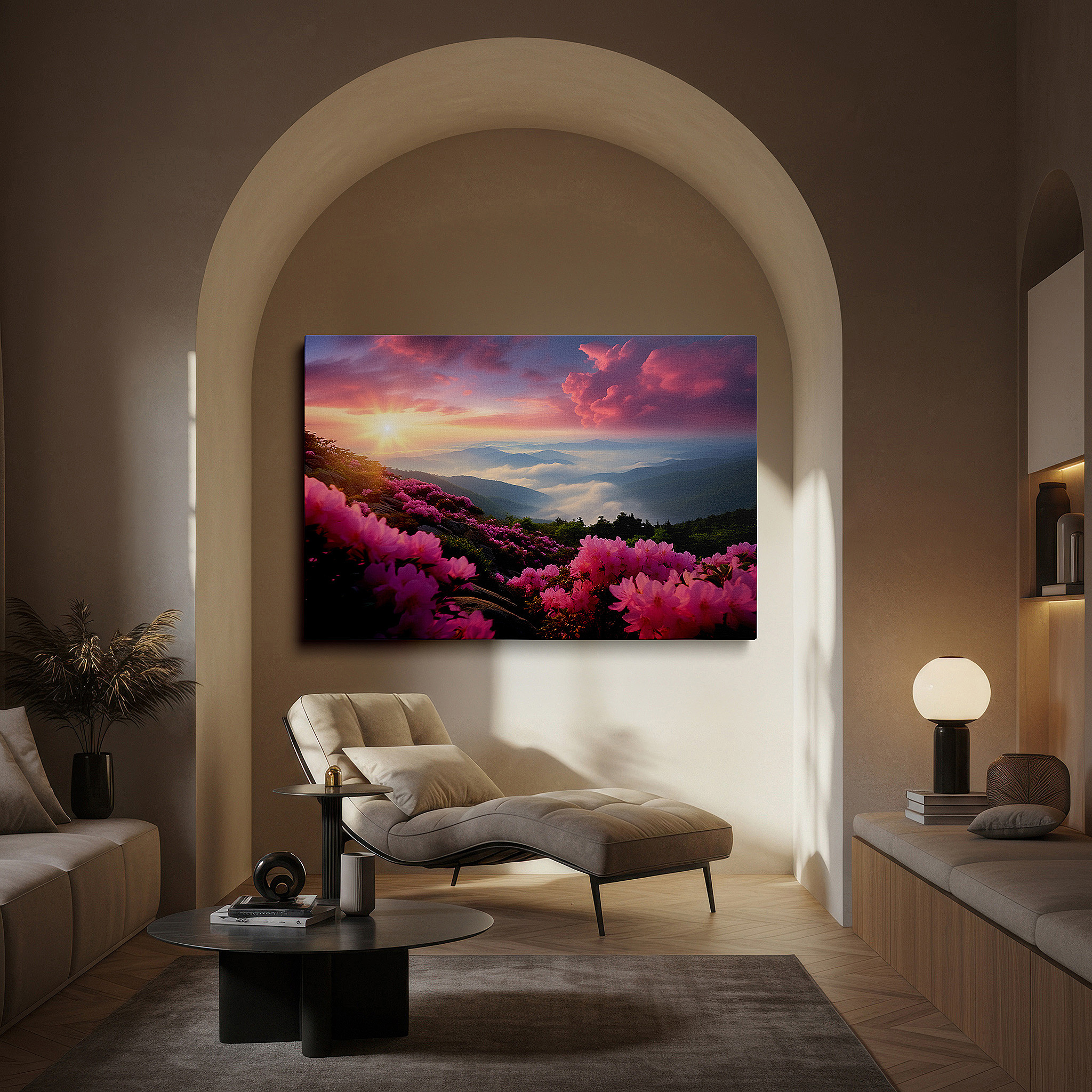 The 75×50 cm version anchors medium rooms without dominating them — misty mountain sunrise with blooming azaleas and ethereal skies large wall art, canvas wall art, wall decor for office and bedroom