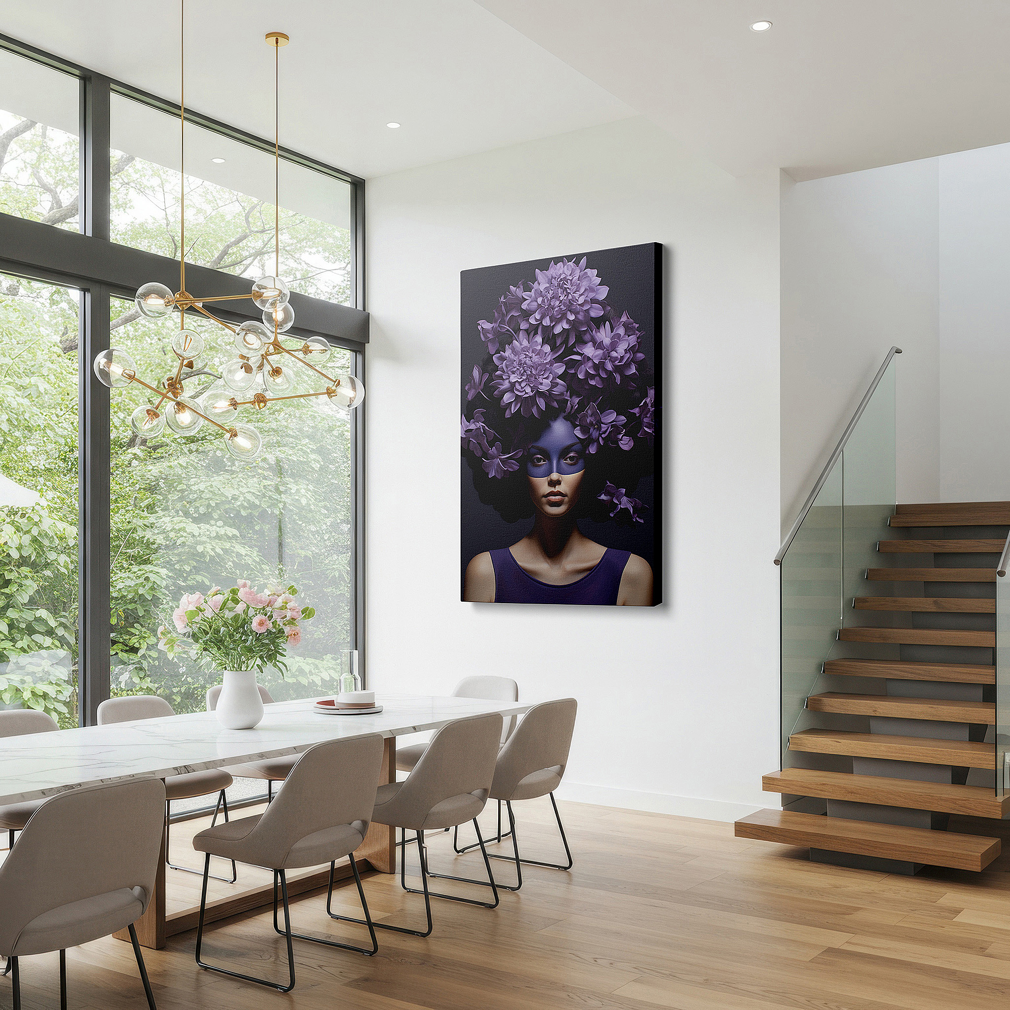 The 75×50 cm version anchors medium rooms without dominating them — mysterious portrait of a woman in a mask surrounded by purple flowers, exploring identity and mystery - large wall art, canvas print, home and office decor