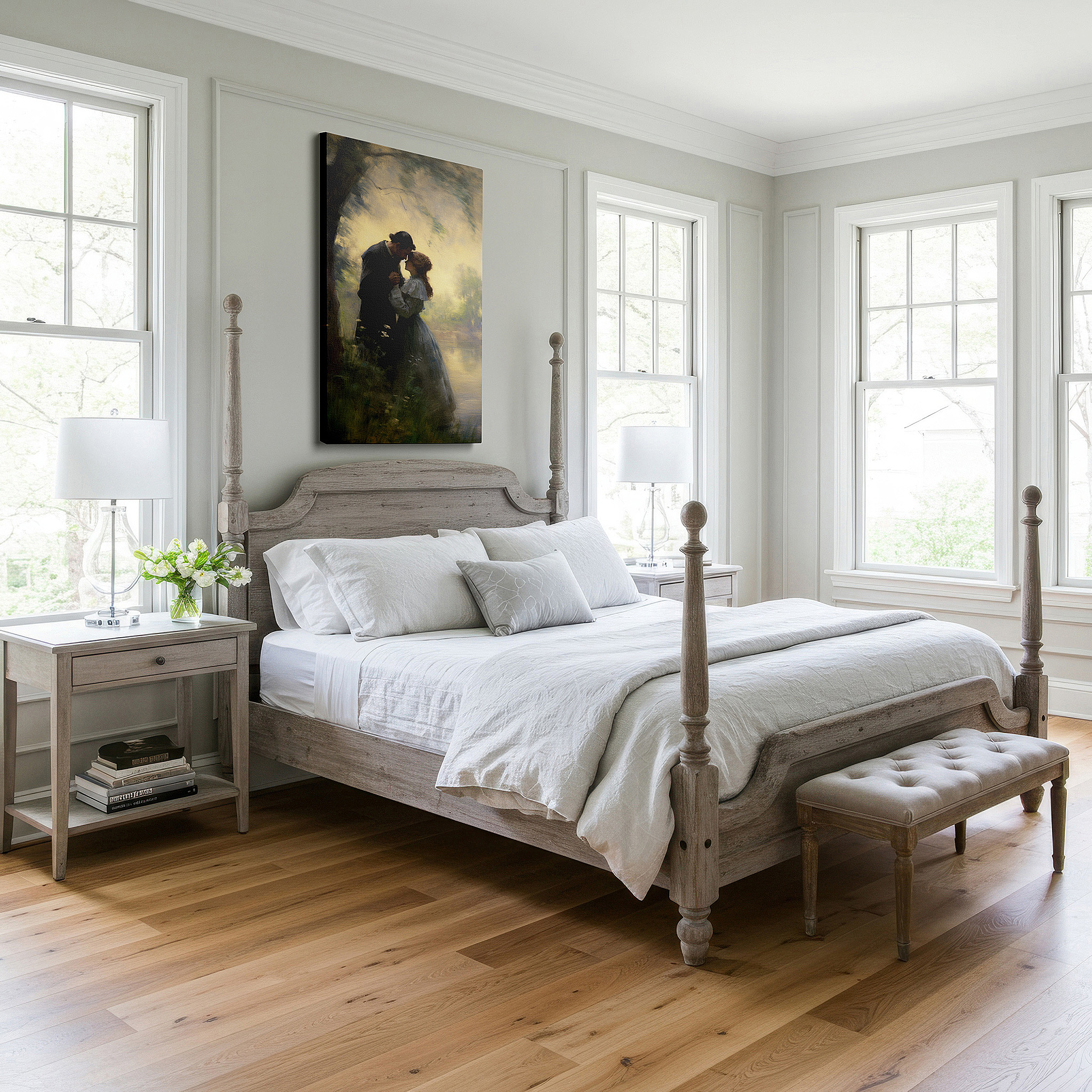 The 75×50 cm version anchors medium rooms without dominating them — nature's serene embrace: love-themed large wall art for bedrooms, living rooms, and offices