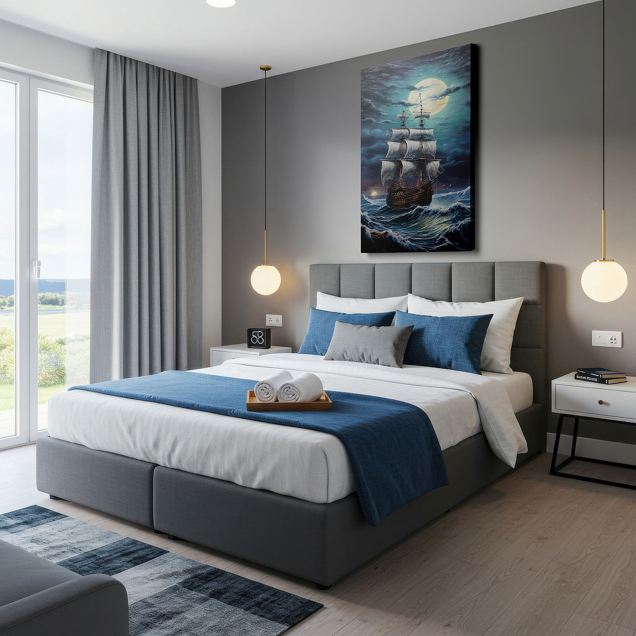 The 75×50 cm version anchors medium rooms without dominating them — navigating stormy seas under a radiant moon - a vision of nautical resilience and mystical light: large canvas wall art for office decor