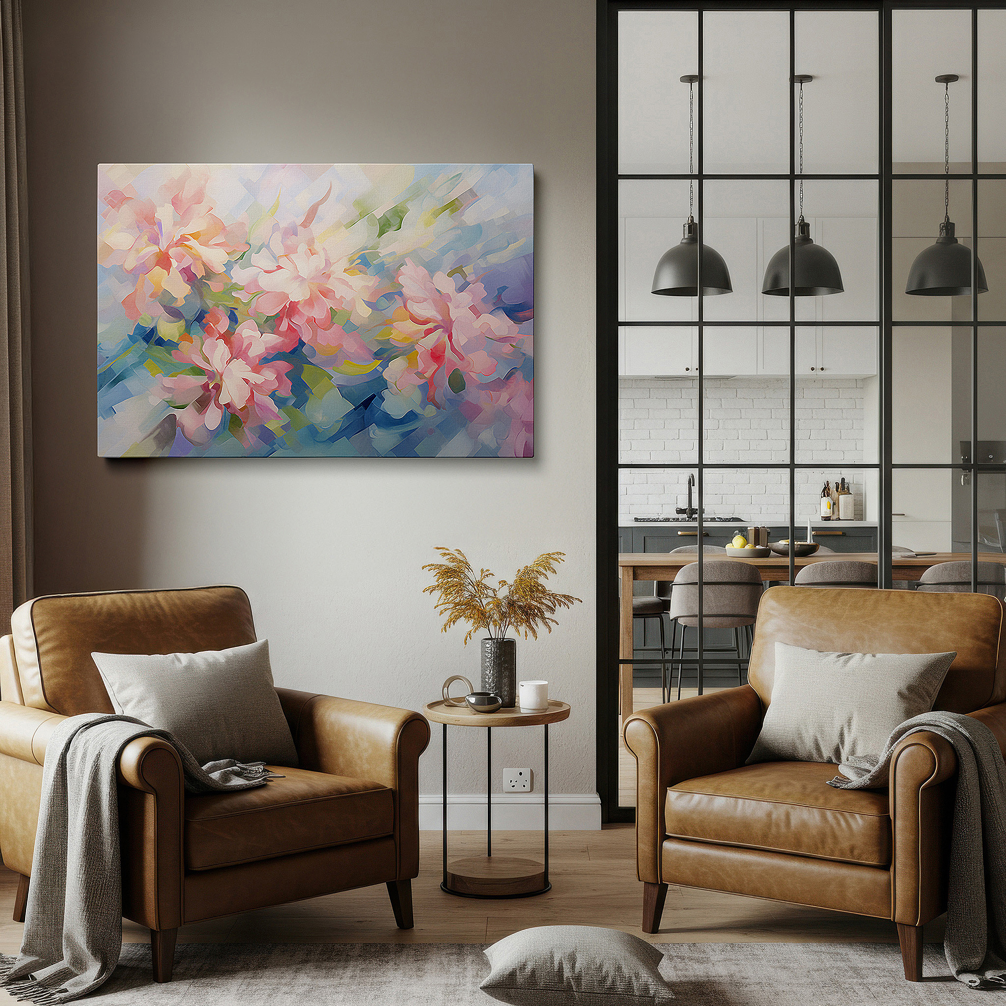 The 75×50 cm version anchors medium rooms without dominating them — pastel-toned abstract stylized flowers, serene and soothing large wall art for tranquil spaces, canvas wall art decor for office
