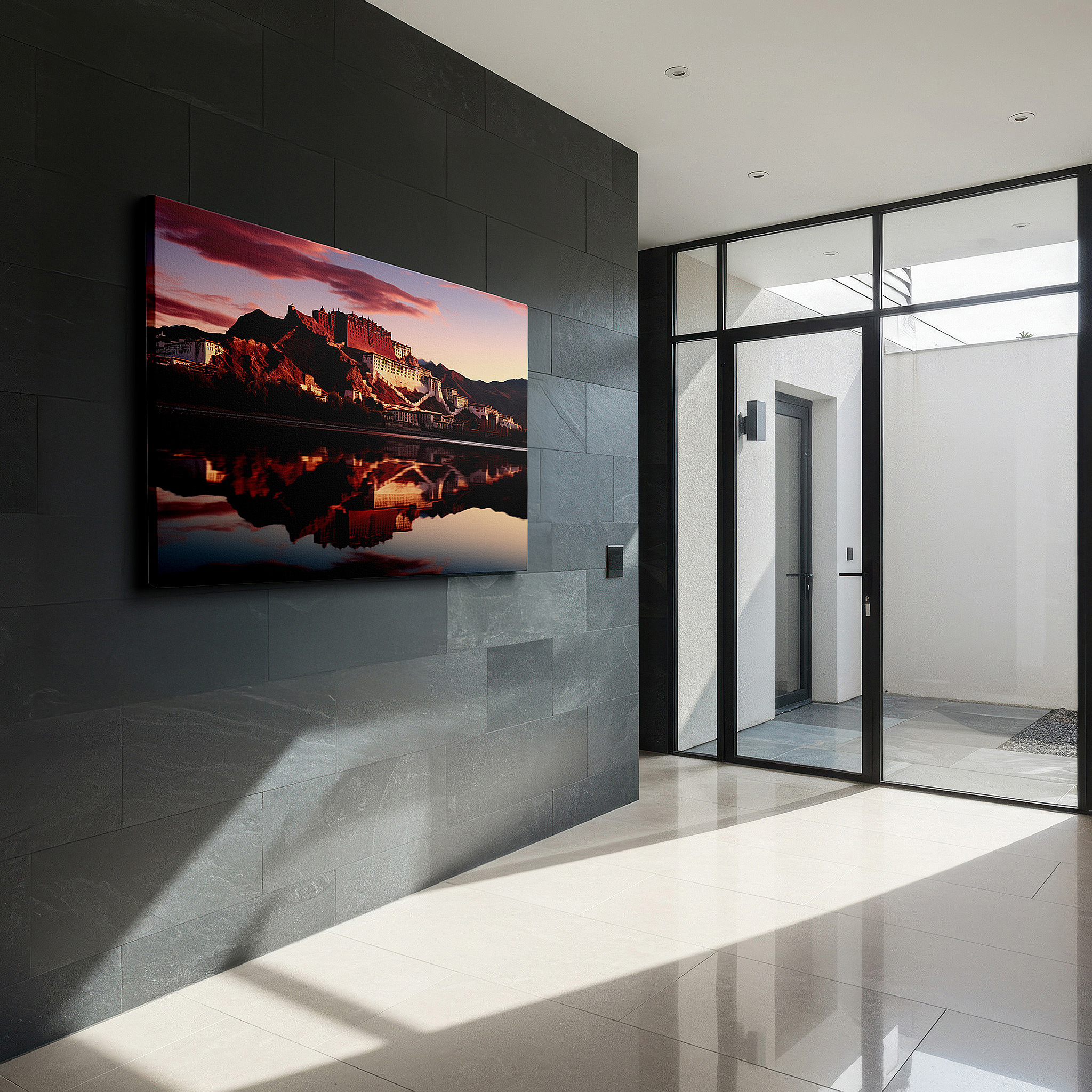 The 75×50 cm version anchors medium rooms without dominating them — potala palace twilight majesty: large canvas wall art reflecting tibetan culture for office and bedroom decor