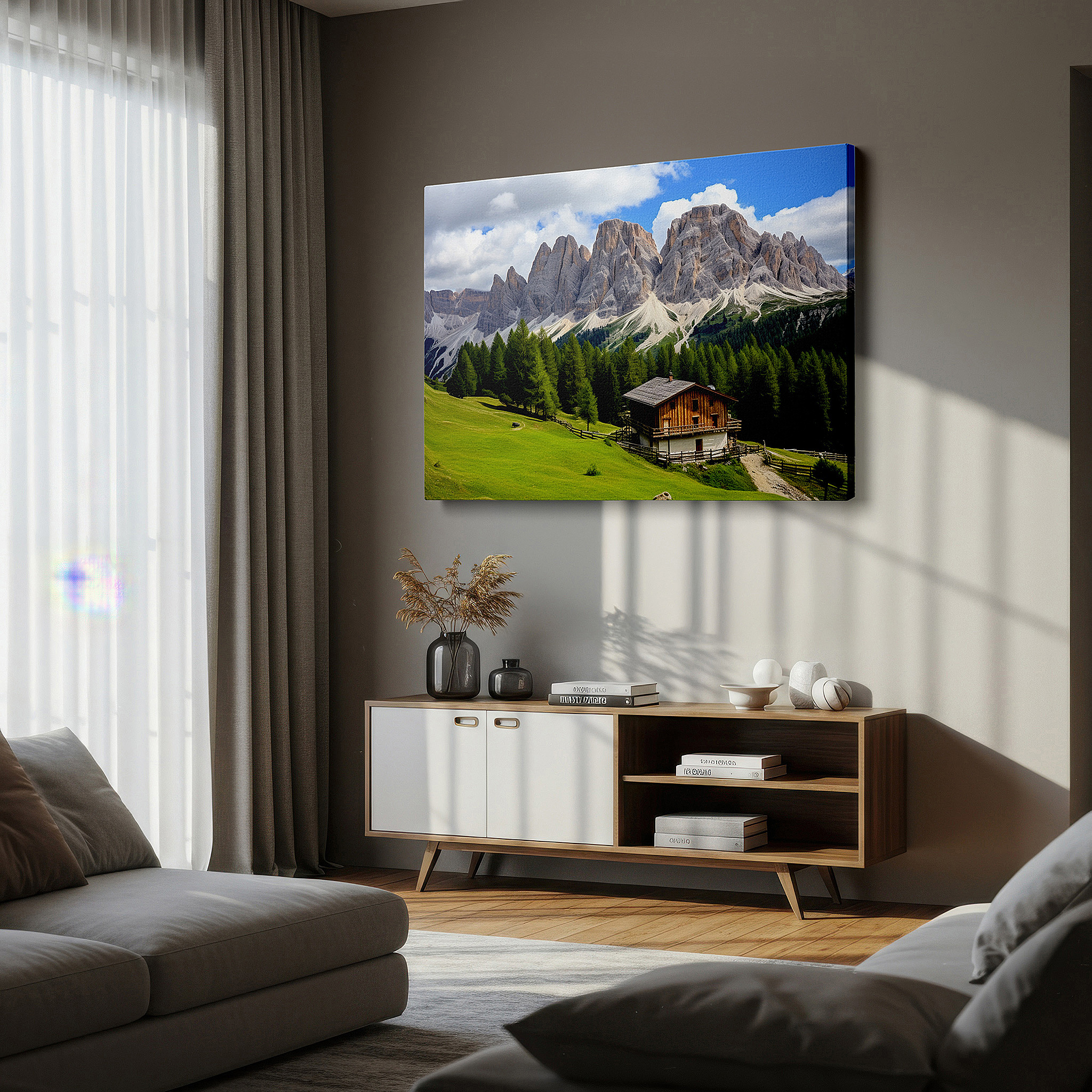 The 75×50 cm version anchors medium rooms without dominating them — rustic cabin amidst lush meadows with majestic dolomite peaks - large wall art for office, bedroom, and living room decor
