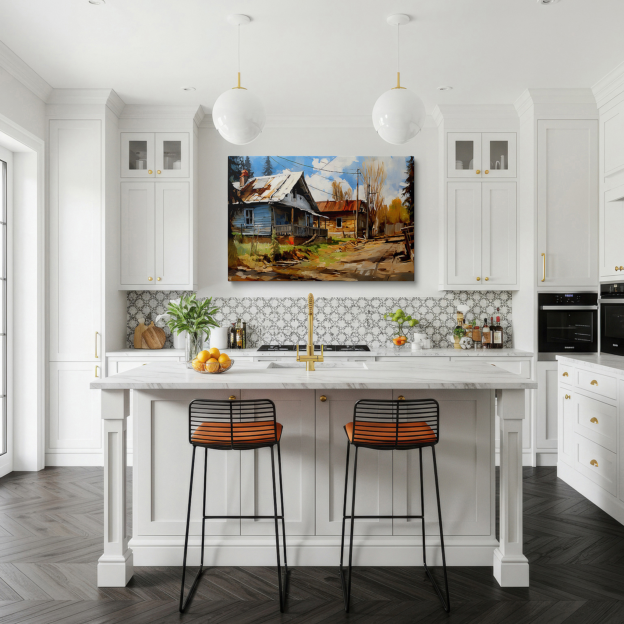 The 75×50 cm version anchors medium rooms without dominating them — rustic cabin wall art: serene countryside escape amidst lush greenery - perfect for office, living room, or bedroom decor