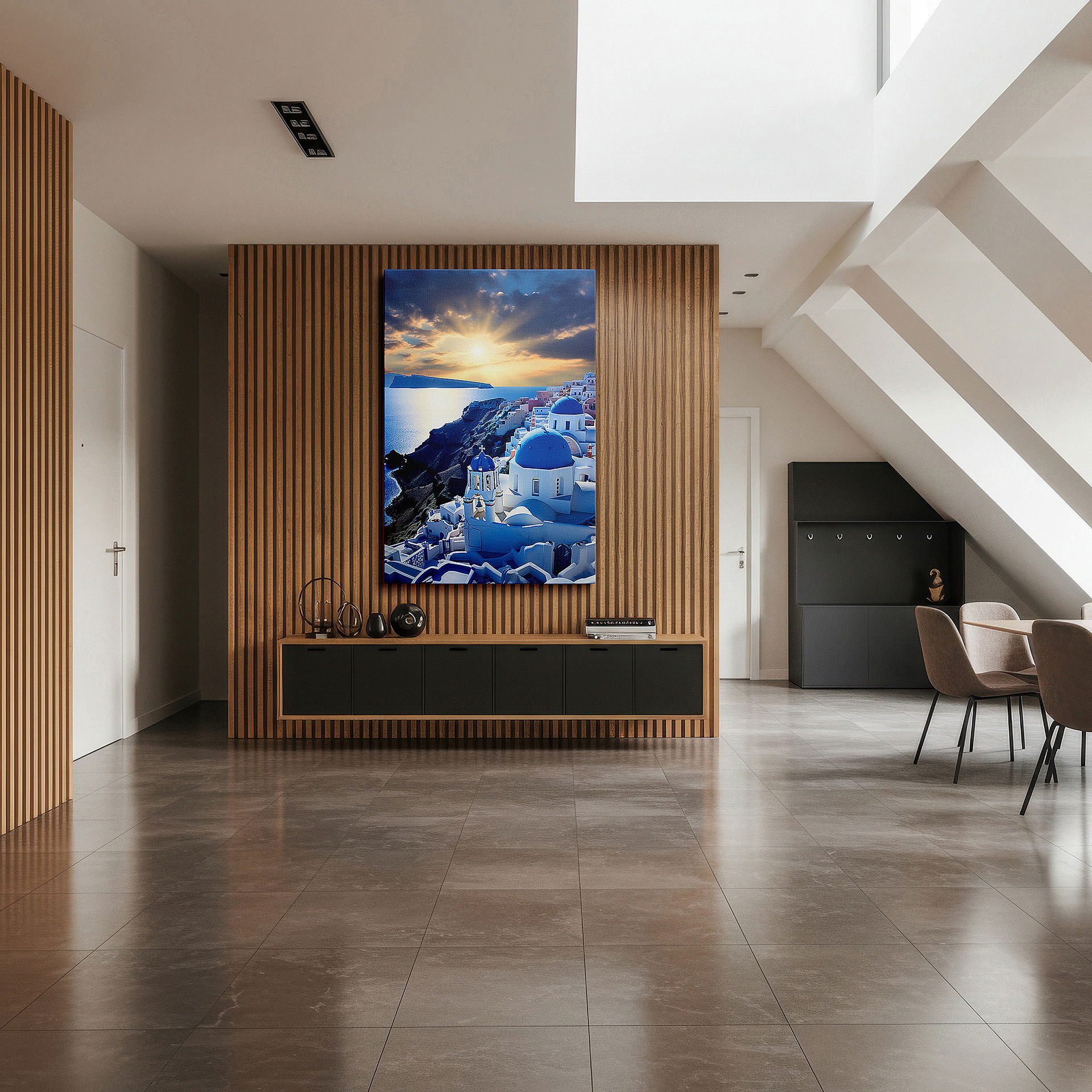 The 75×50 cm version anchors medium rooms without dominating them — santorini sunset wall art - experience the serenity of