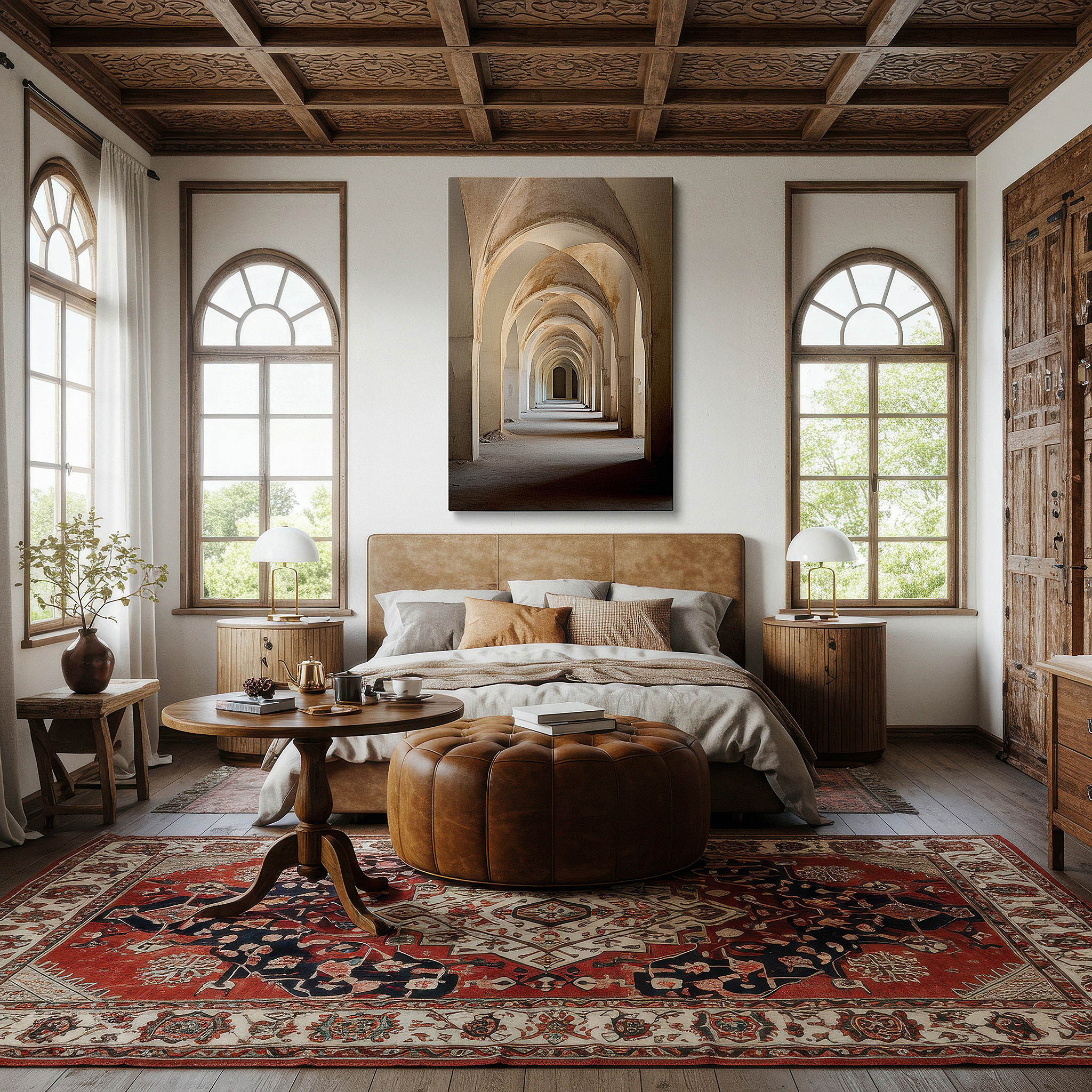 The 75×50 cm version anchors medium rooms without dominating them — serene arches and cobblestones: a timeless journey in muted earth tones - large canvas wall art for office and bedroom decor