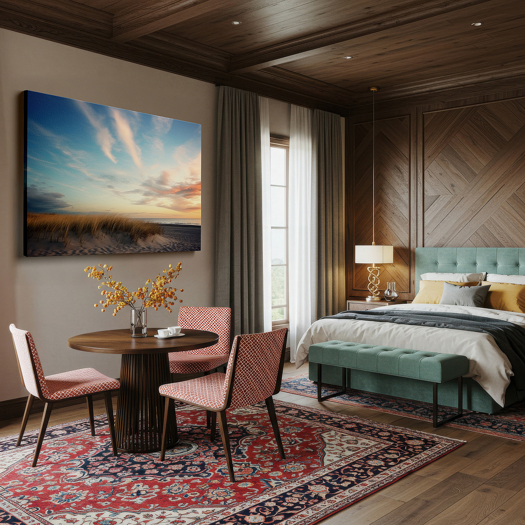 The 75×50 cm version anchors medium rooms without dominating them — serene beach dawn scene with wispy clouds and tranquil sea reflections - large canvas wall art for office and bedroom decor